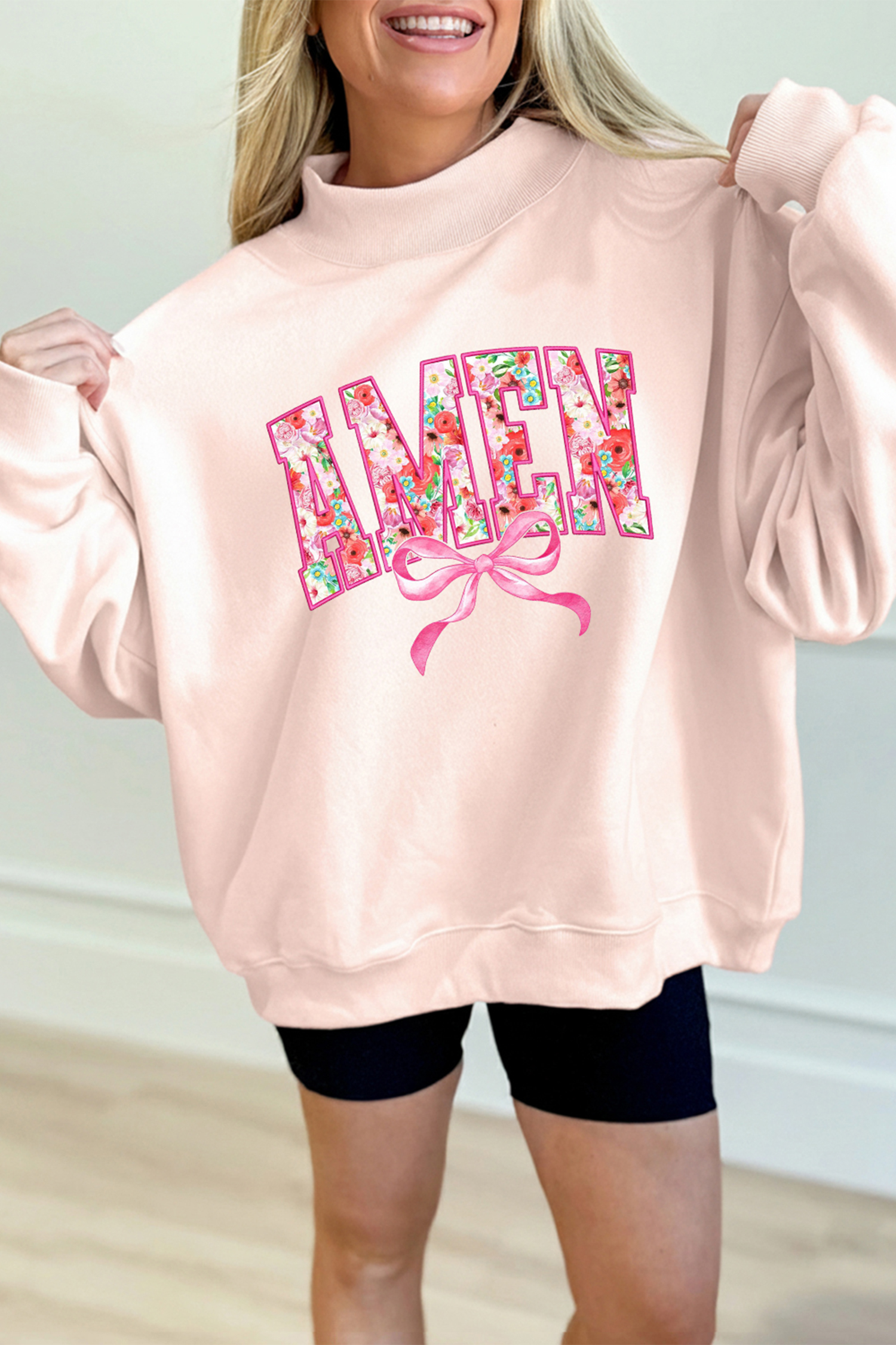 Apricot Pink AMEN Floral Bow Printed Mock Neck Sweatshirt - loveforevers