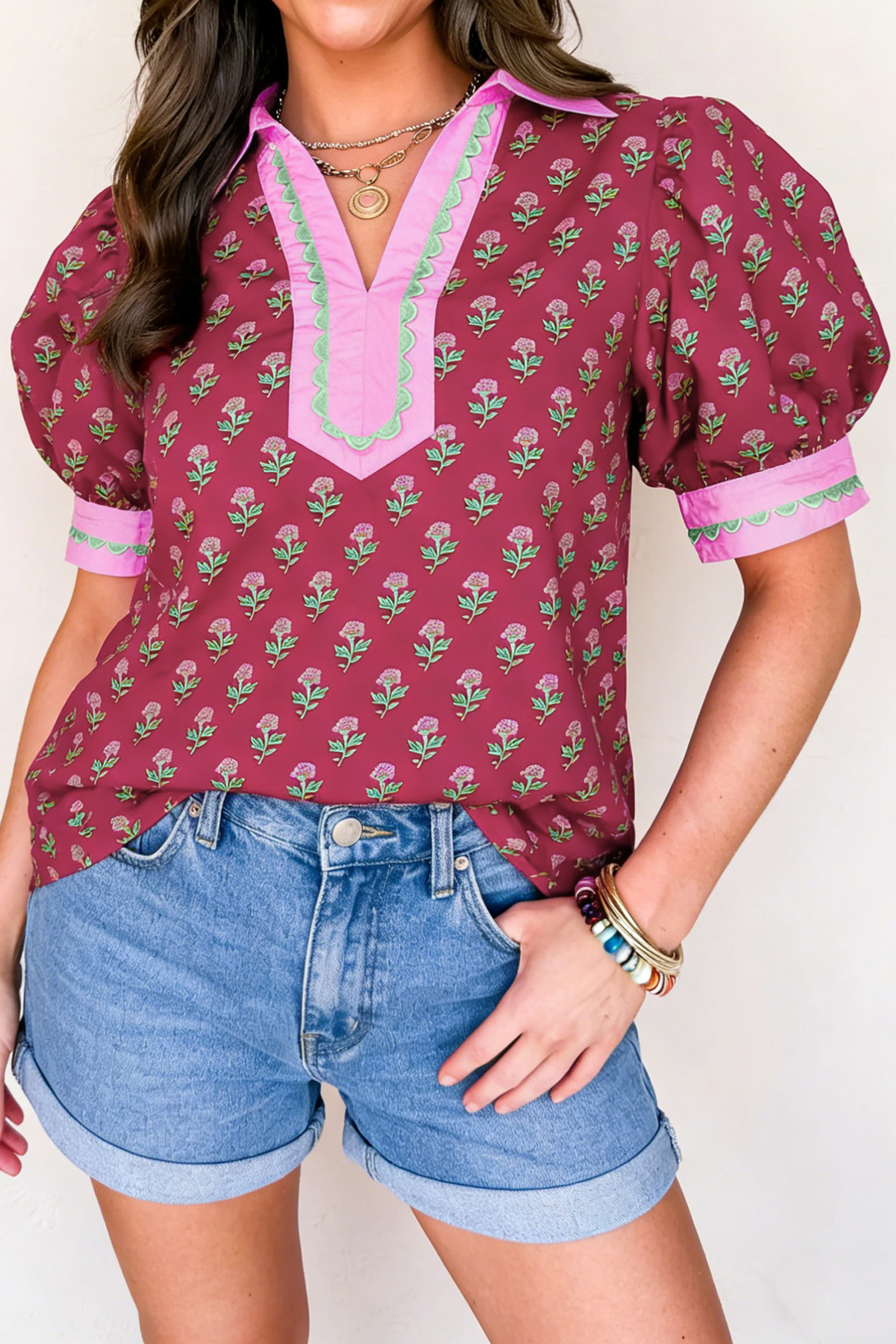 Red Contrast Collared V Neck Ricrac Trim Short Puff Sleeve Flower Blouse - loveforevers