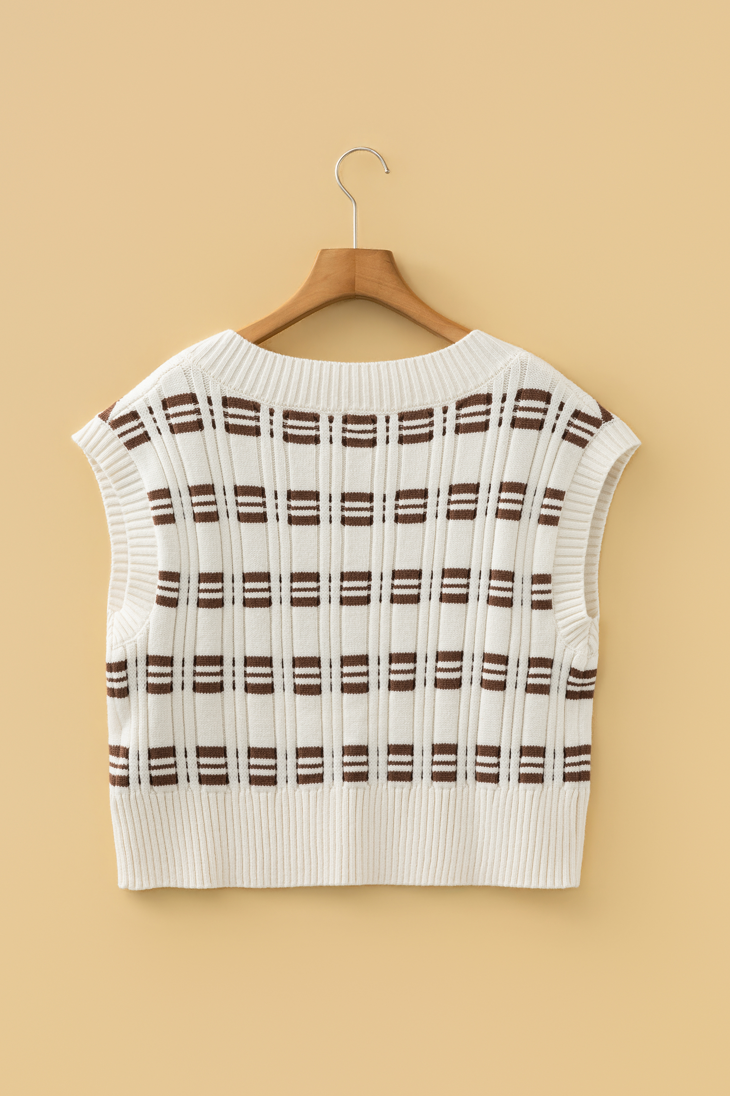 White Contrast Geometric Textured Knit V Neck Cropped Sweater Vest - loveforevers