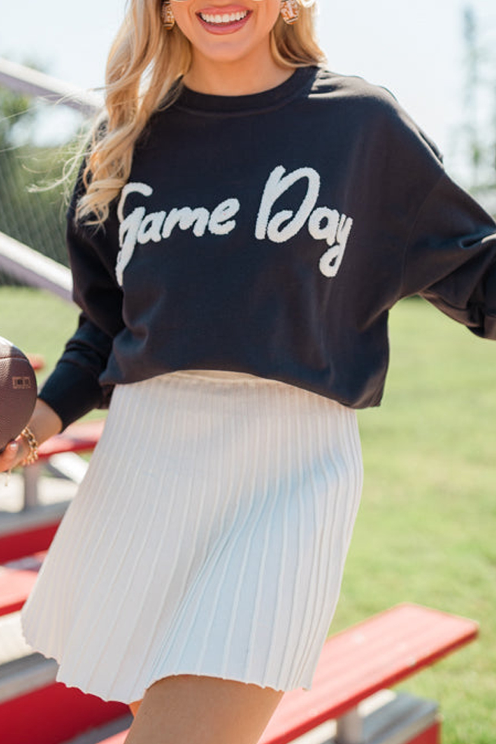 Black Chenille Game Day Graphic Drop Shoulder Sweatshirt - loveforevers