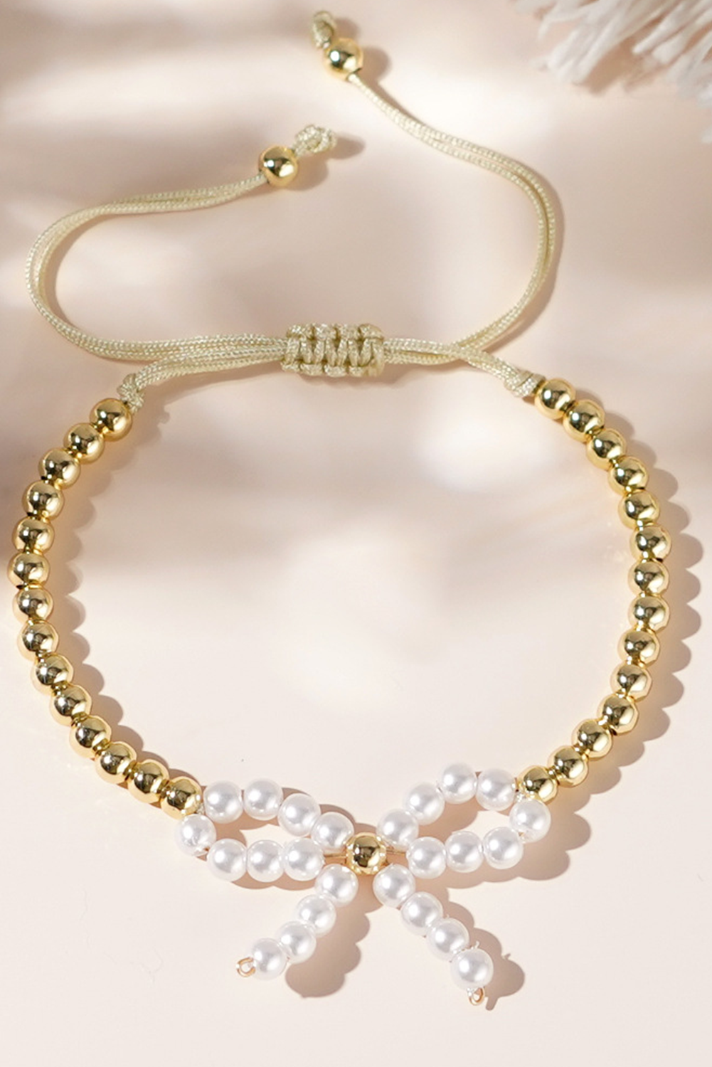 White Pearled Bow Knot Plated Beads Adjustable Bracelet - loveforevers