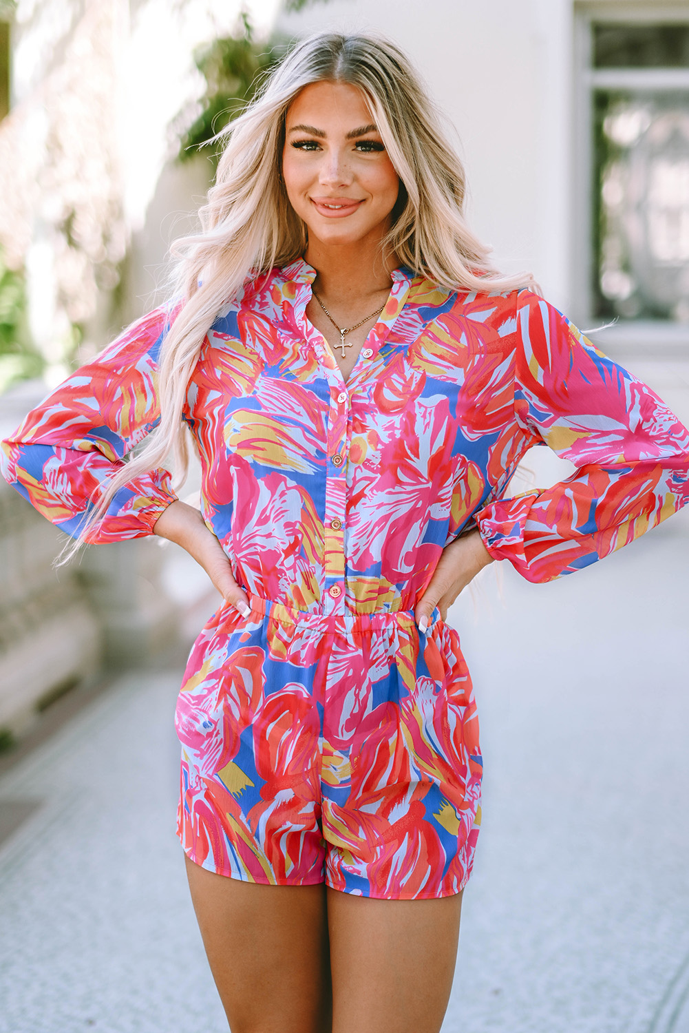 Multicolor Bold Graffiti Print Shirt Button Romper - loveforevers