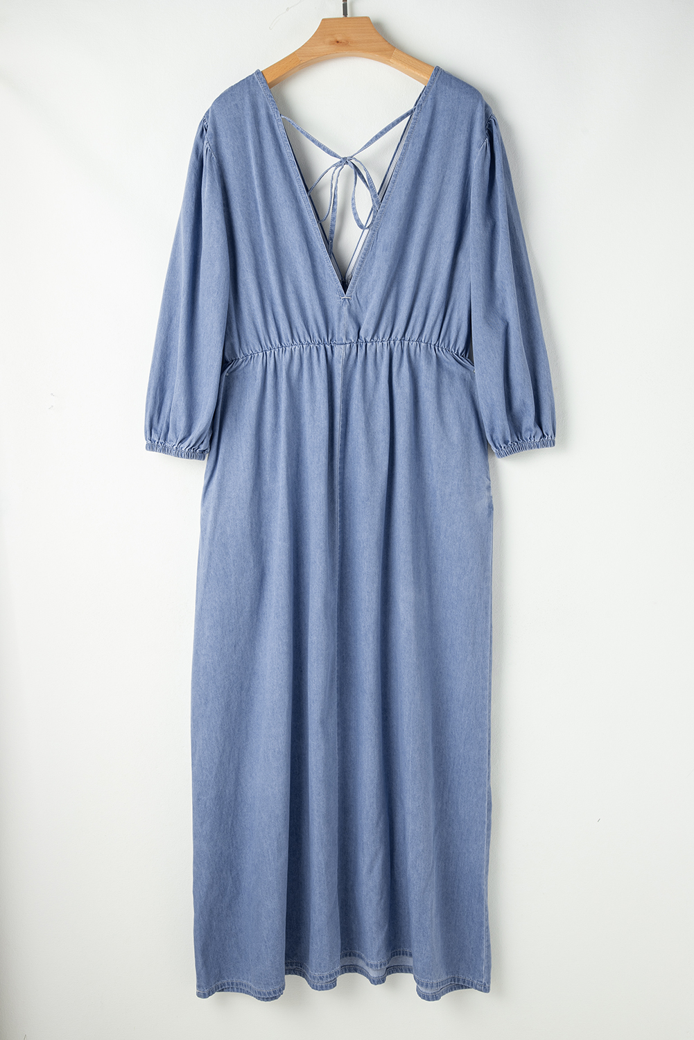 Myosotis Chambray Deep V Neck Bracelet Sleeve Maxi Dress - loveforevers