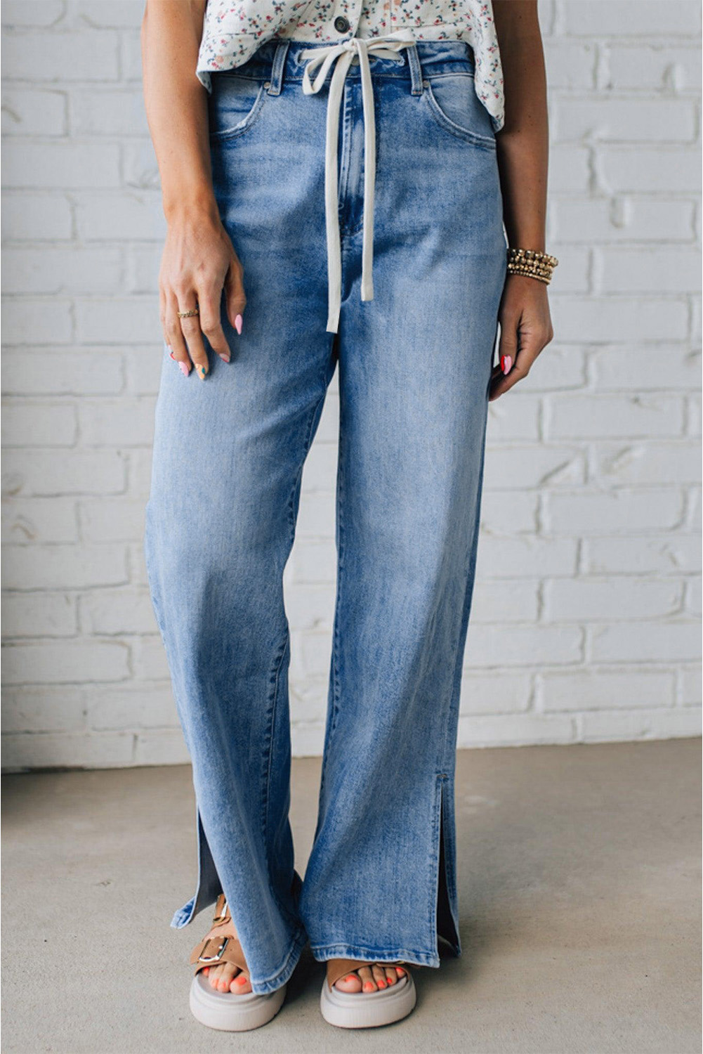 Myosotis Slit Leg High Rise Drawstring Casual Jeans - loveforevers