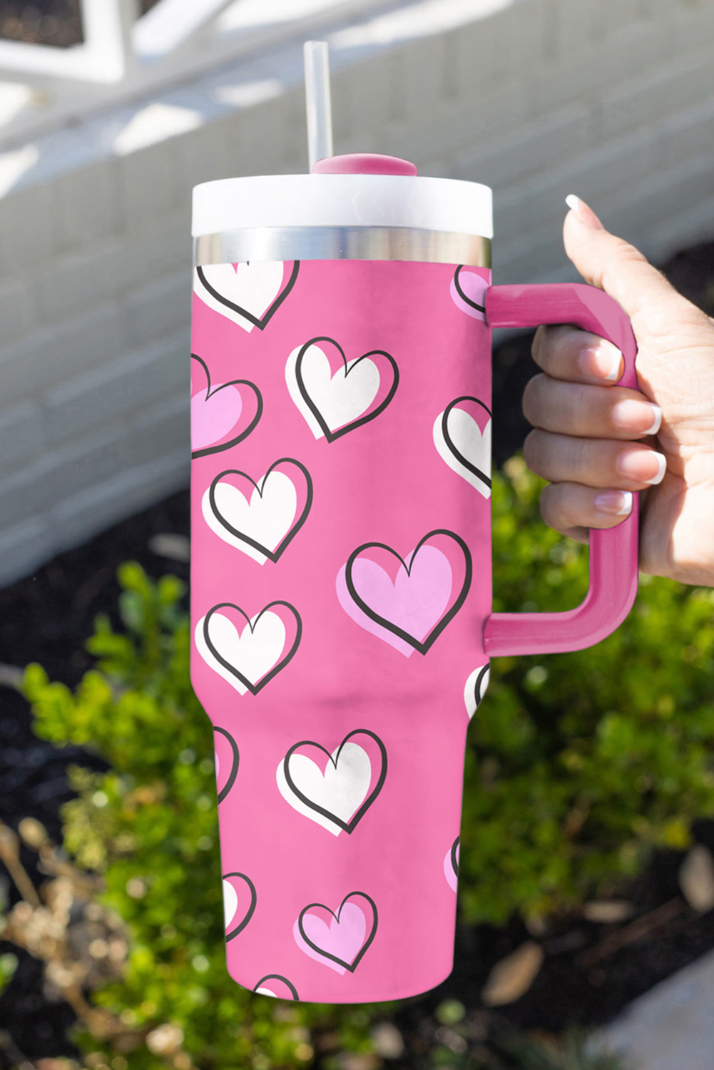 Black Valentines Heart Printed Thermos Cup with Handle 40oz - loveforevers