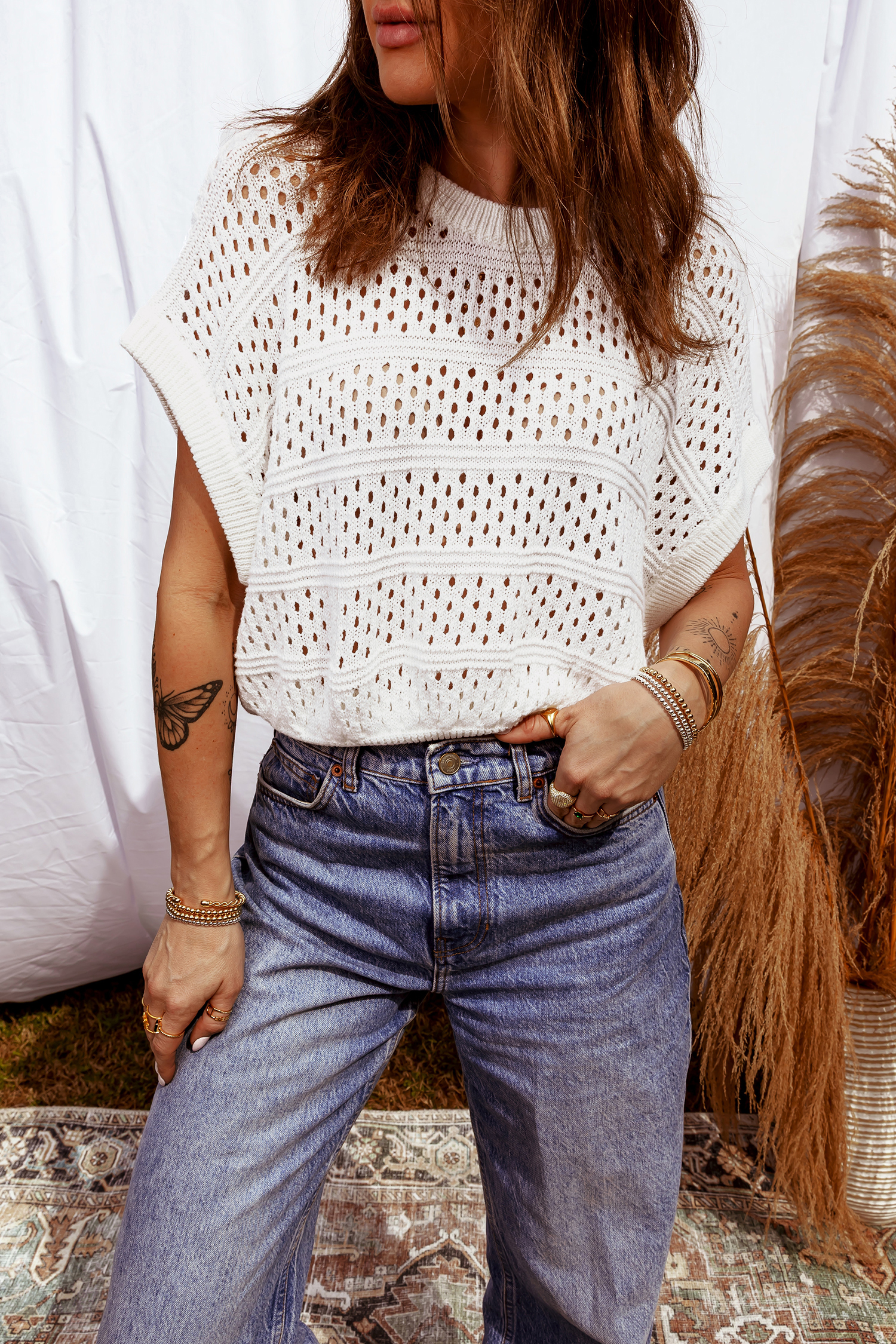 White Hollow Out Knit Round Neck Dolman Sweater - loveforevers