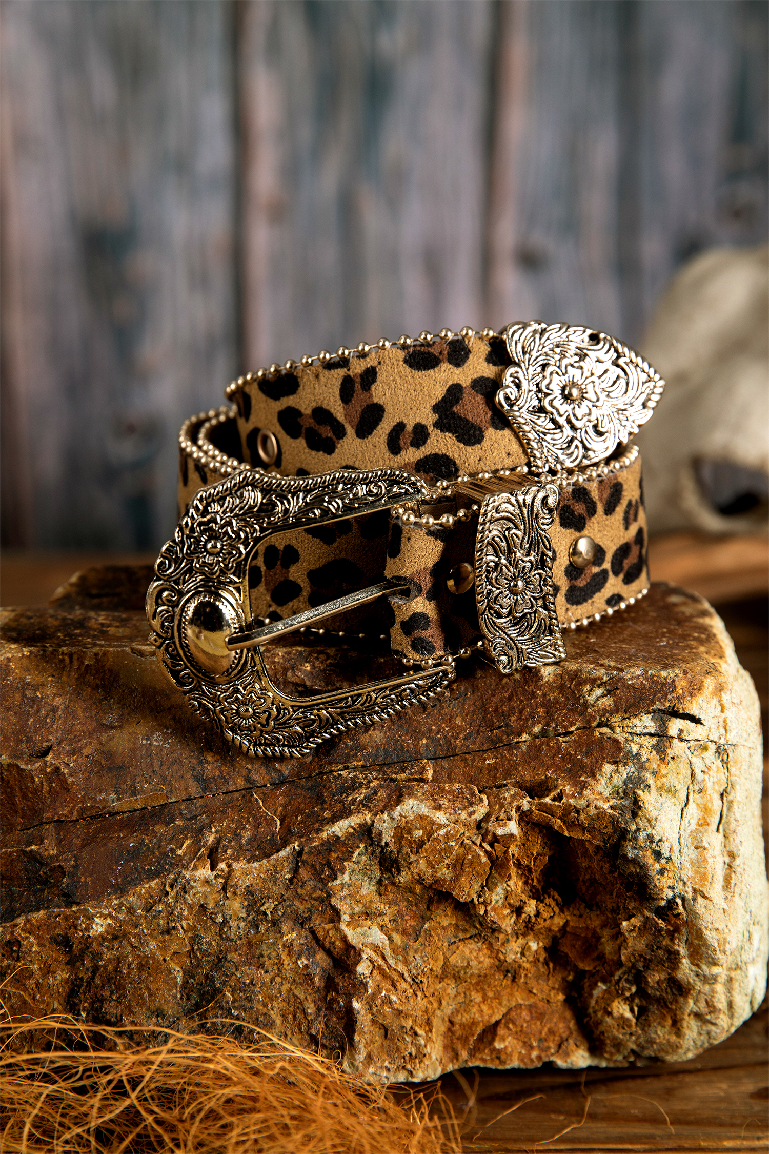Thai Curry Leopard Beading Trim Retro Embossed Hardware PU Waist Belt - loveforevers
