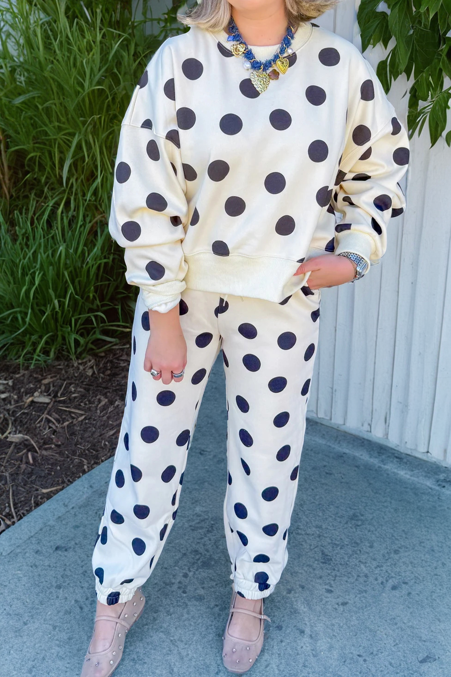 Beige Polka Dot Print Drop Shoulder Pullover Drawstring Jogger Pant Set - loveforevers
