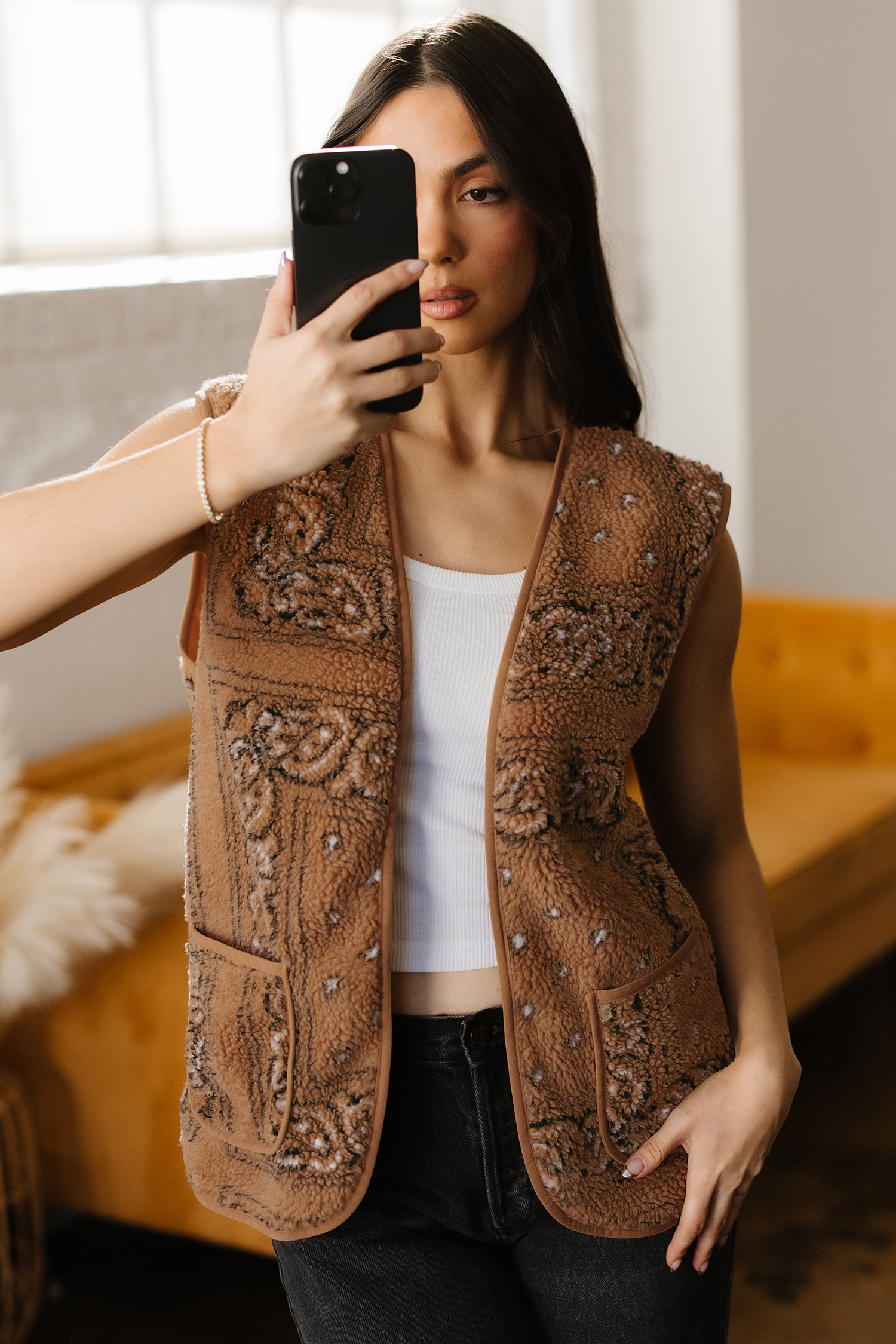 Brown Sherpa Paisley Print Pocketed Western Fashion Vest Jacket - loveforevers