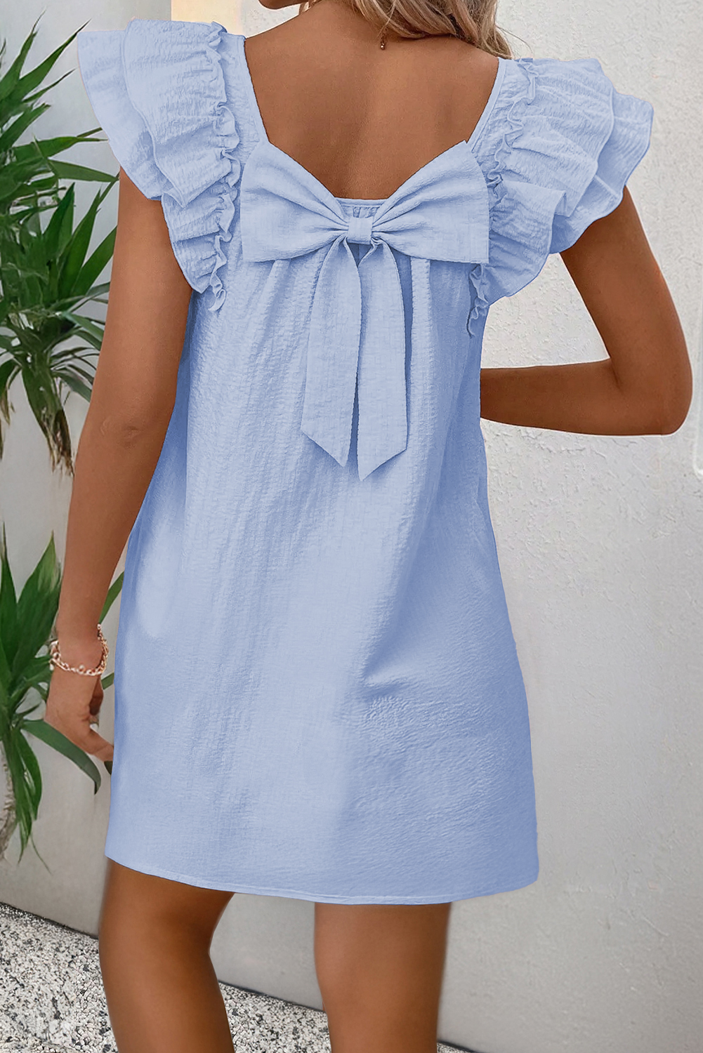 Beau Blue Textured Bow Knot Frilled Butterfly Sleeve Blouse - loveforevers