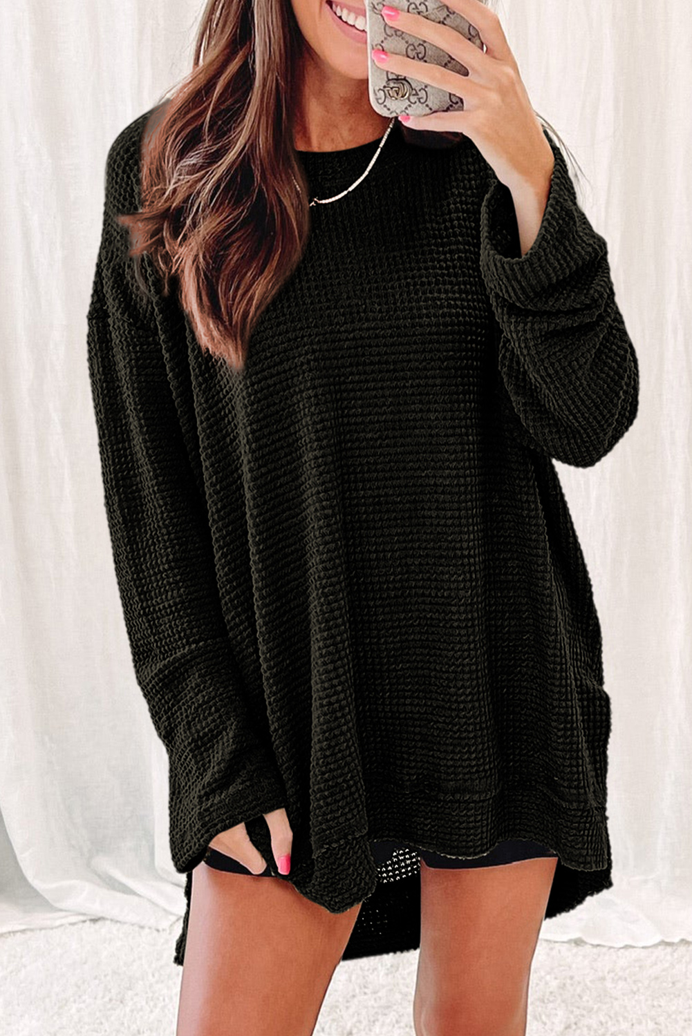 Black Waffle Knit High Slits Oversized Top - loveforevers