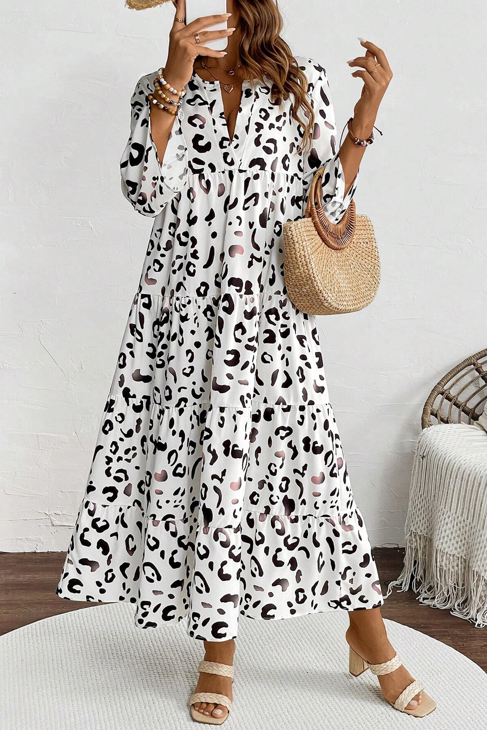White Leopard Print Notch V Neck Loose Fit Maxi Dress - loveforevers