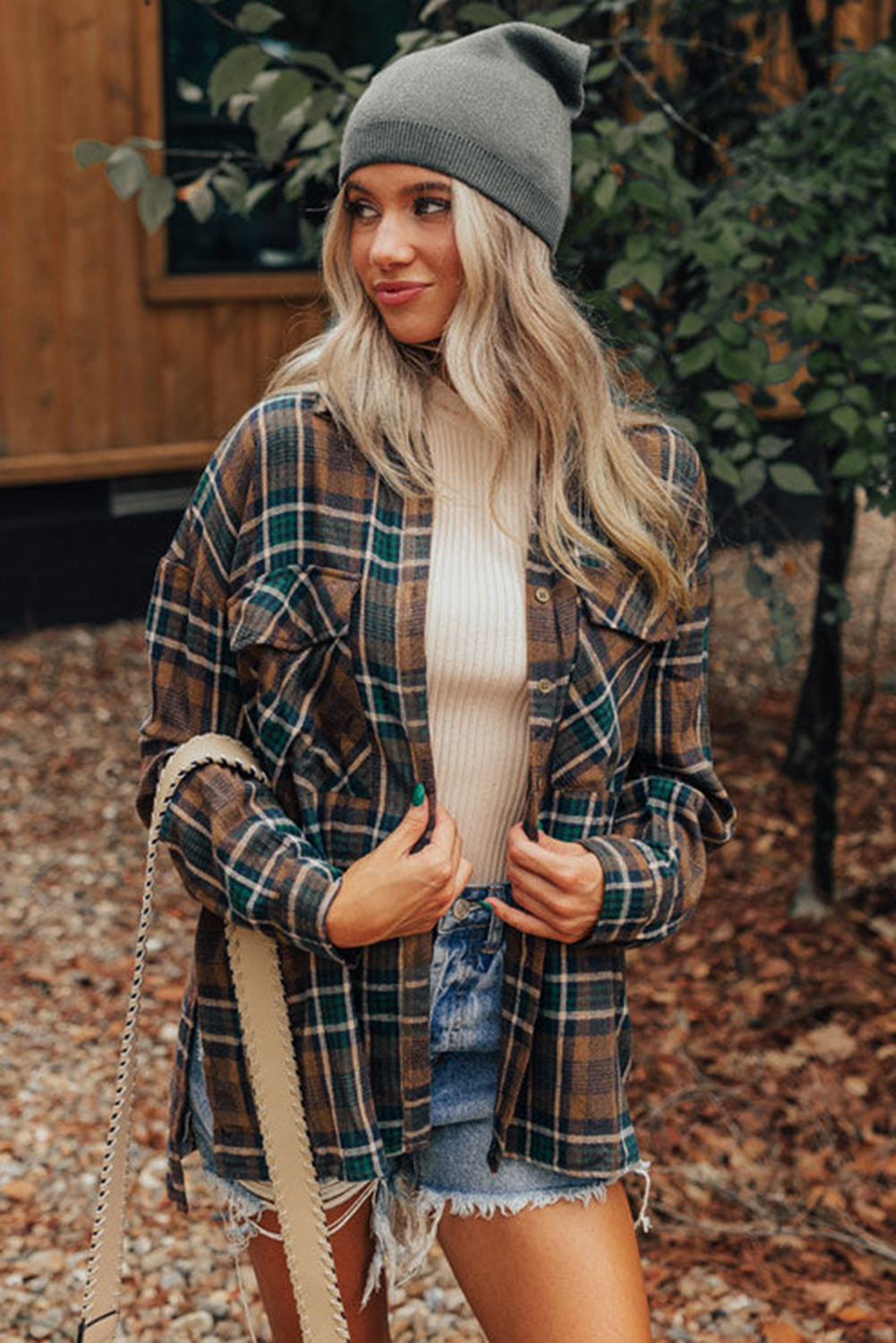 Brown Plaid Print Chest Pockets Buttoned Shirt Jacket - loveforevers