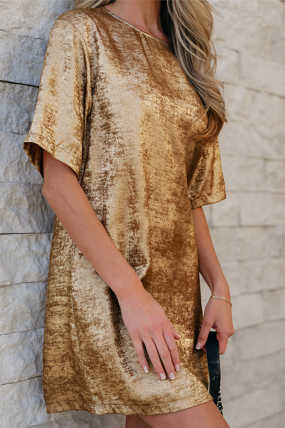 Gold Metallic Luster Crewneck Mini T-Shirt Dress - loveforevers