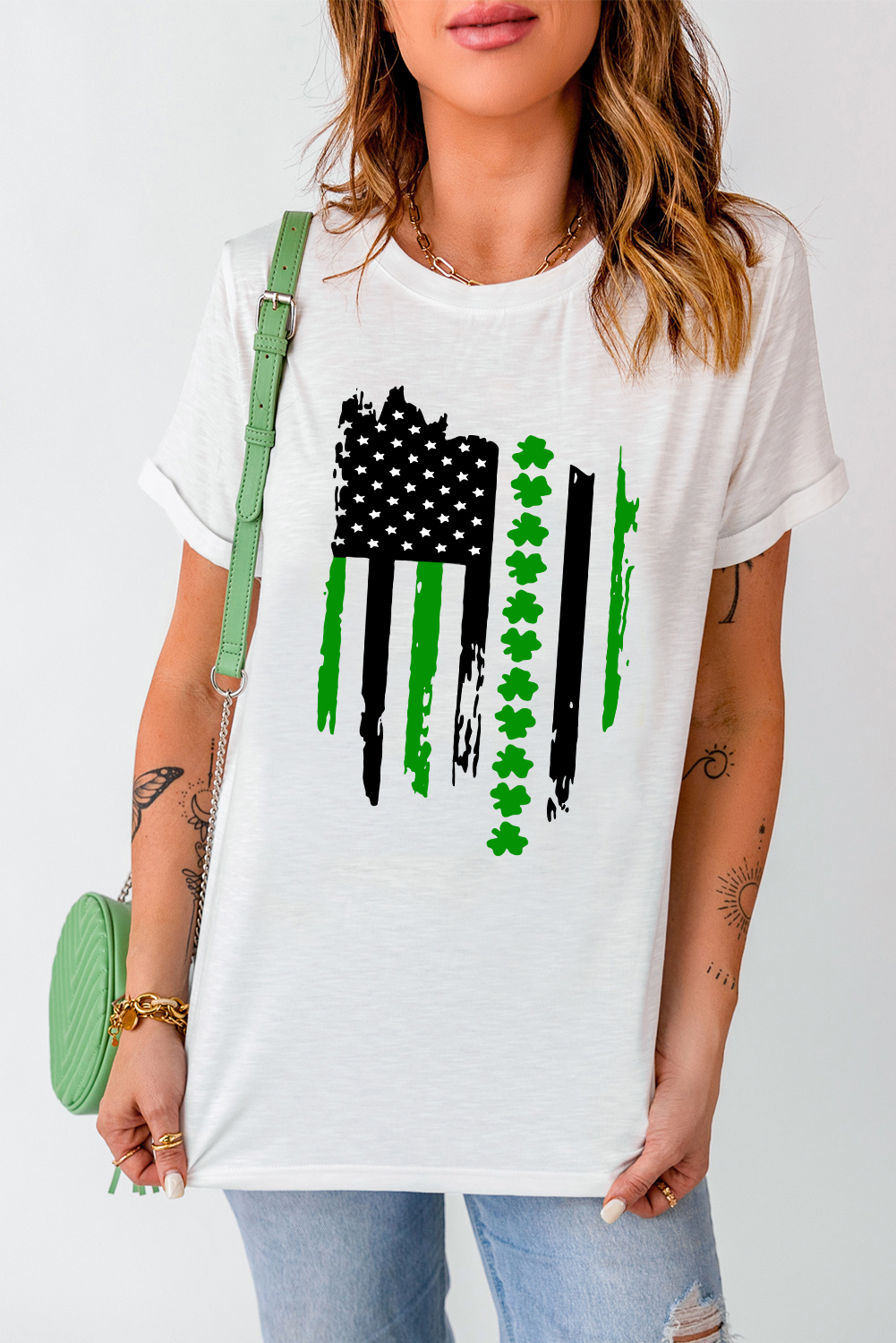 Black St. Patricks Lucky Clover Print O Neck T Shirt - loveforevers