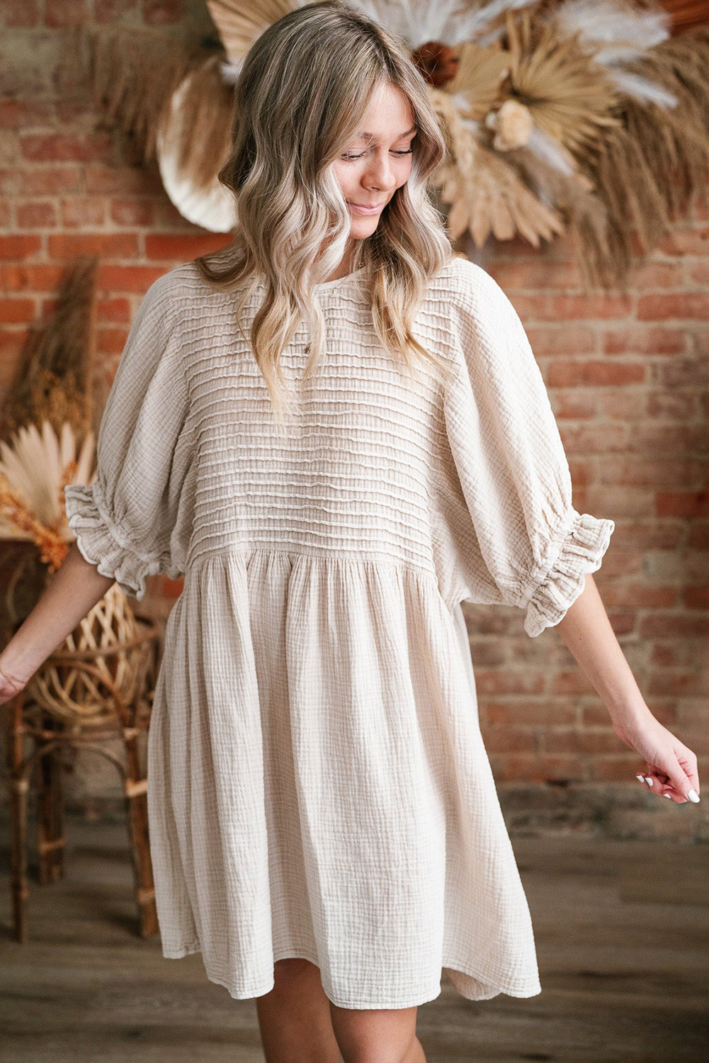 White Textured Ruffled Puff Sleeve Loose Dress - loveforevers