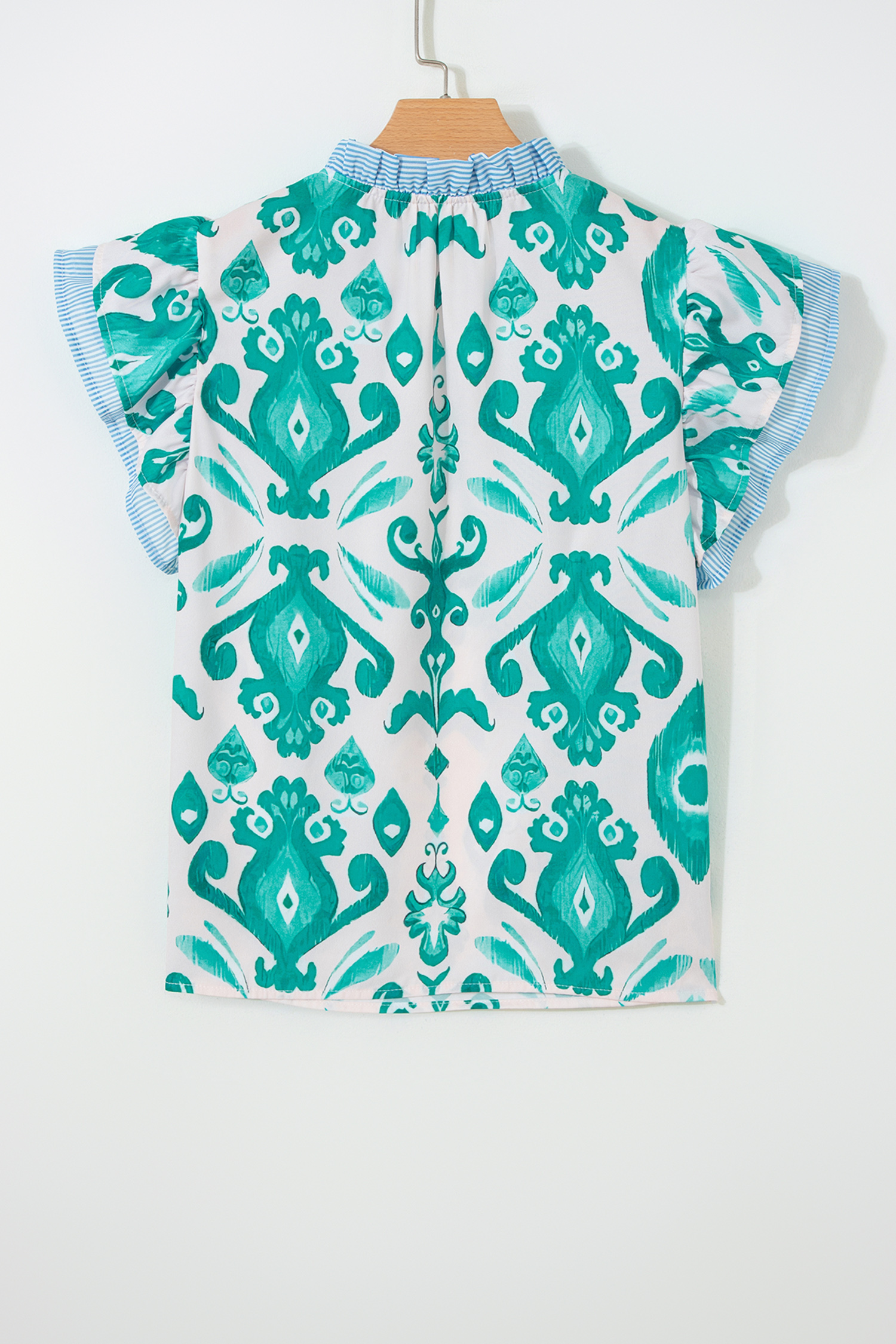 Sky Blue Ethnic Print Striped Trim Flutter Sleeve Top - loveforevers