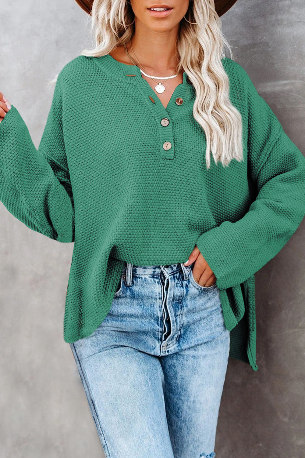 Green Henley Pullover Drop Shoulder Sweater with Slits - loveforevers