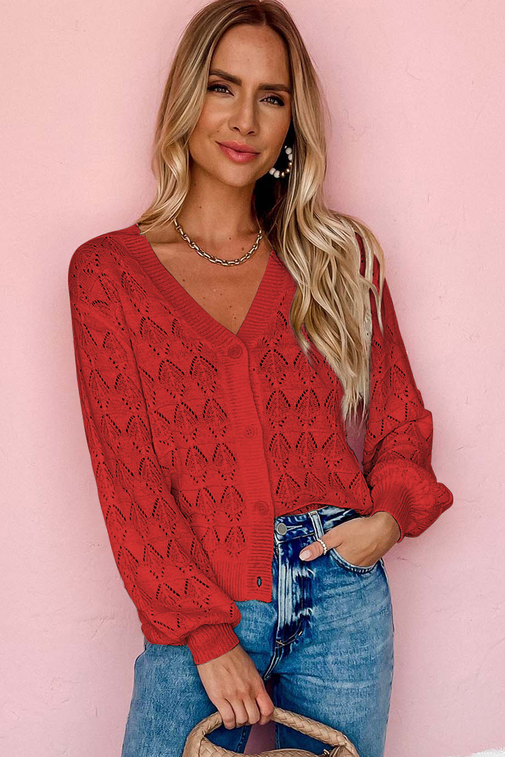 Fiery Red Lightweight Buttoned Front Crochet Cardigan - loveforevers