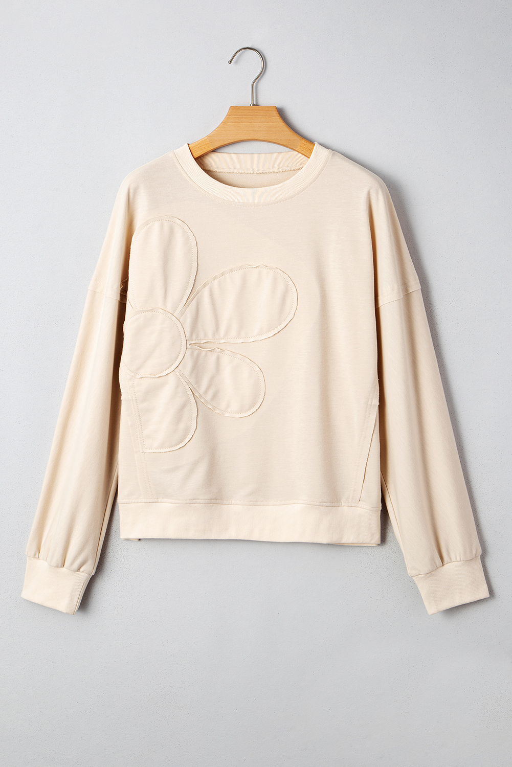 Beige Raw Edge Flower Patch Drop Shoulder Casual Top - loveforevers