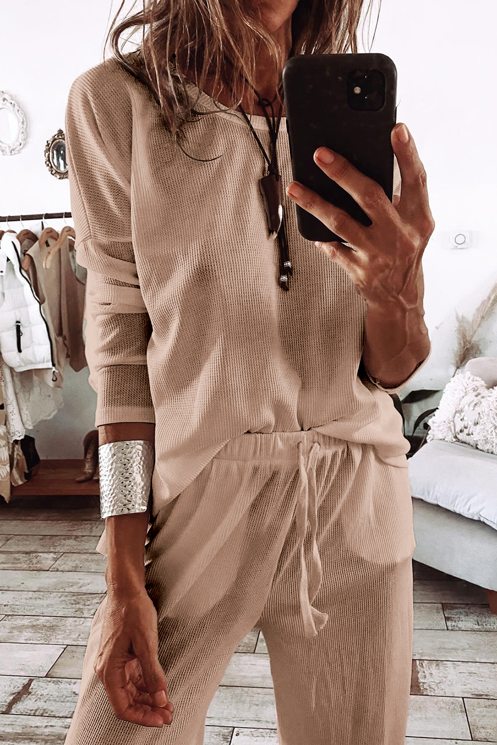 Parchment Textured Long Sleeve T Shirt and Pants Lounge Set - loveforevers