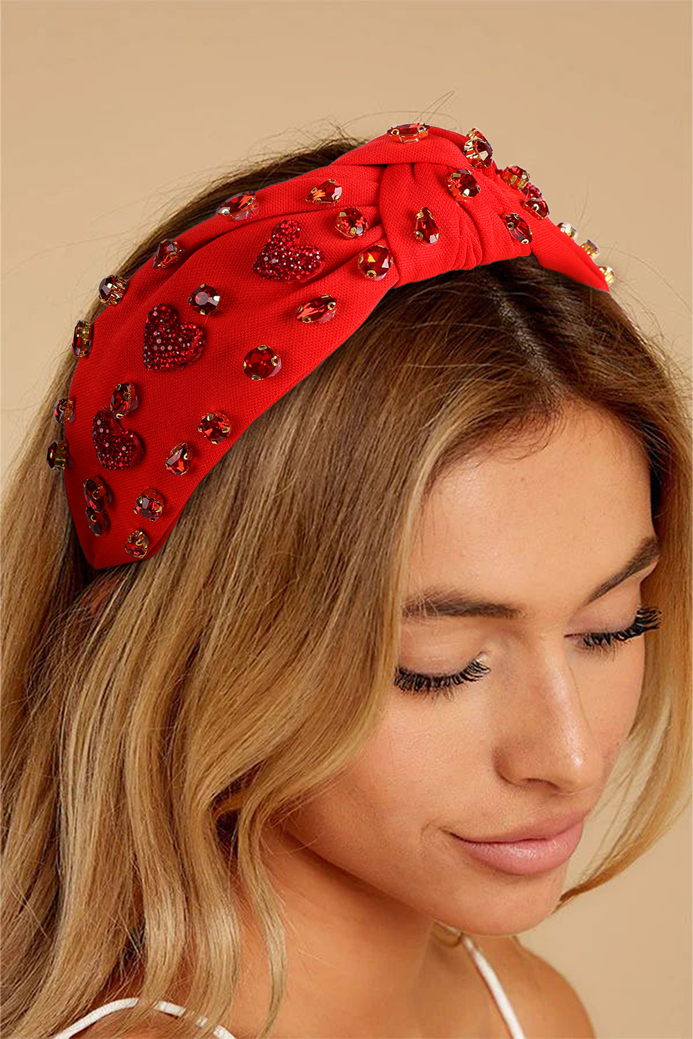 Fiery Red Rhinestone Heart Glass Drill Studded Knotted Wide Headband - loveforevers