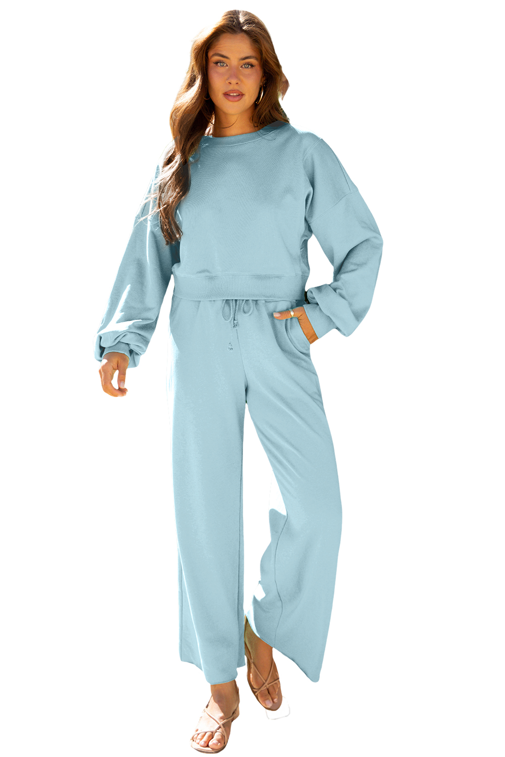 Bright Green Drop Shoulder Puff Sleeve Crop Pullover Drawstring Wide Leg Pants Set - loveforevers