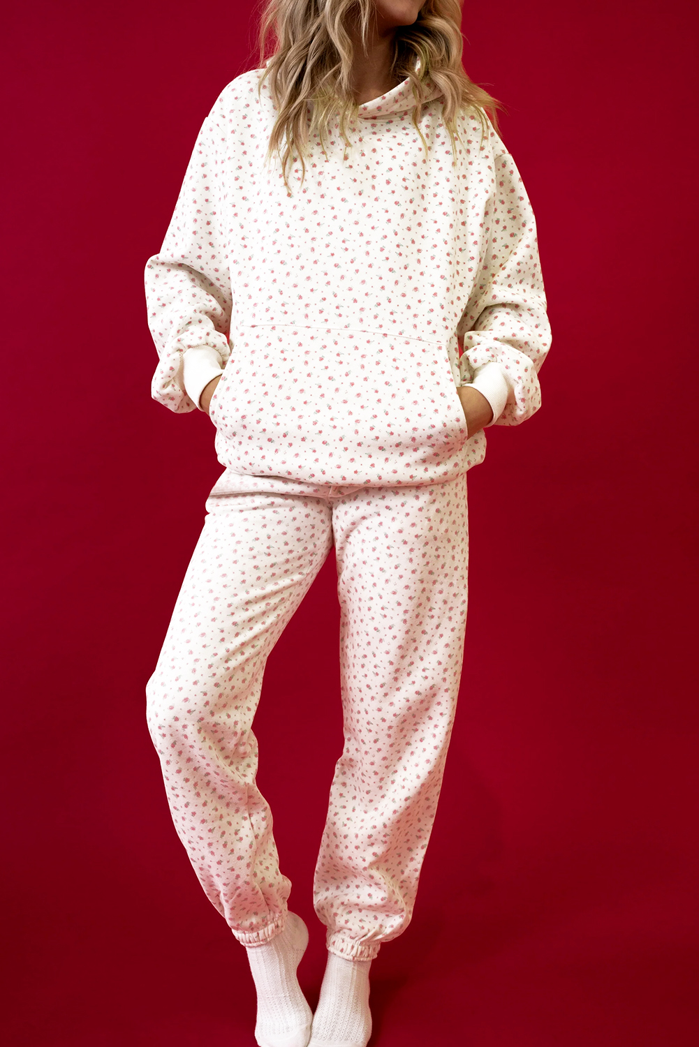 Pink Floral Print Kangaroo Pocket Hoodie Sheath Sweatpants Set - loveforevers