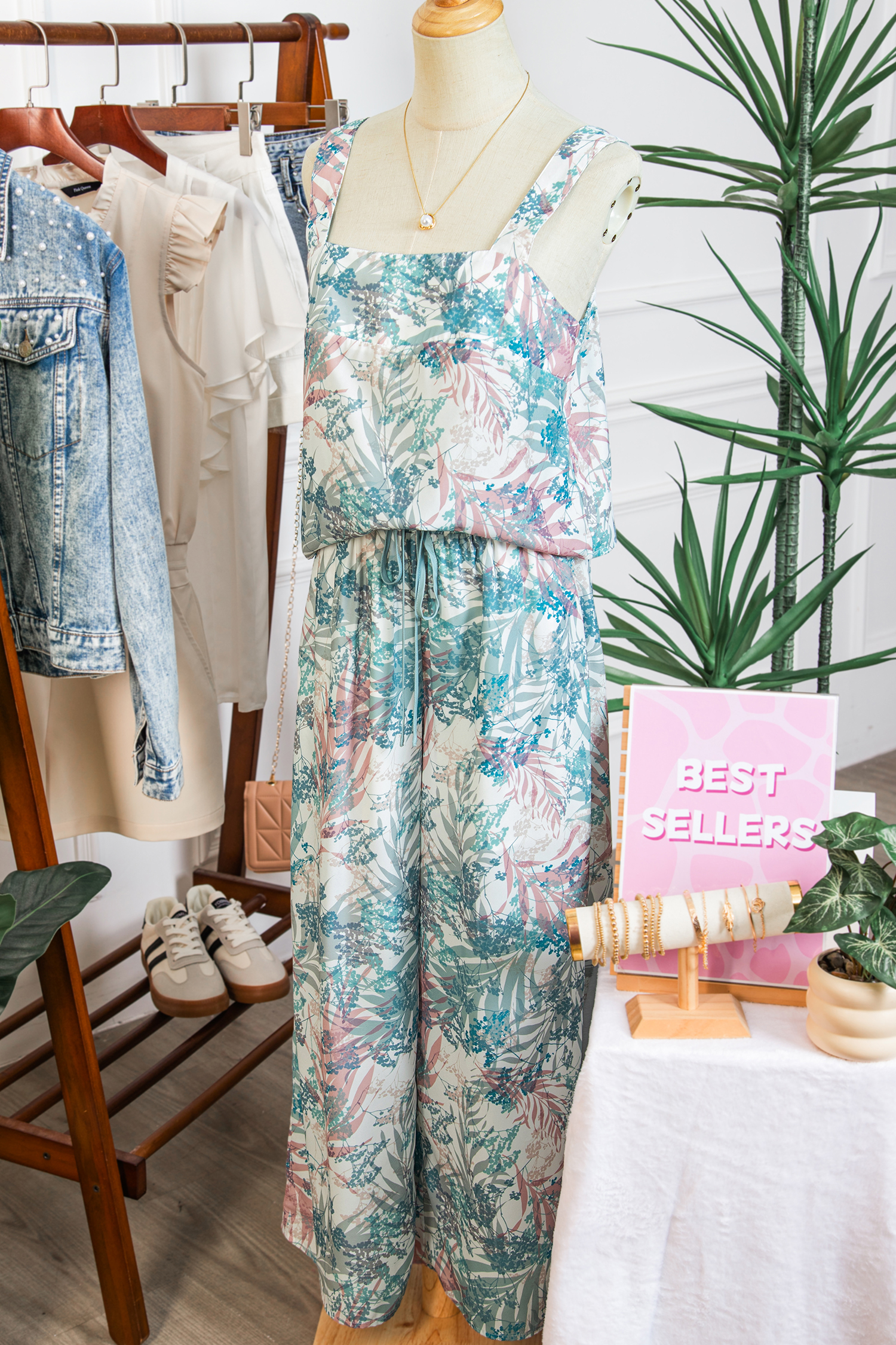 Green Tropical Palm Printed Cropped Tank Drawstring Wide Leg Pant Set - loveforevers