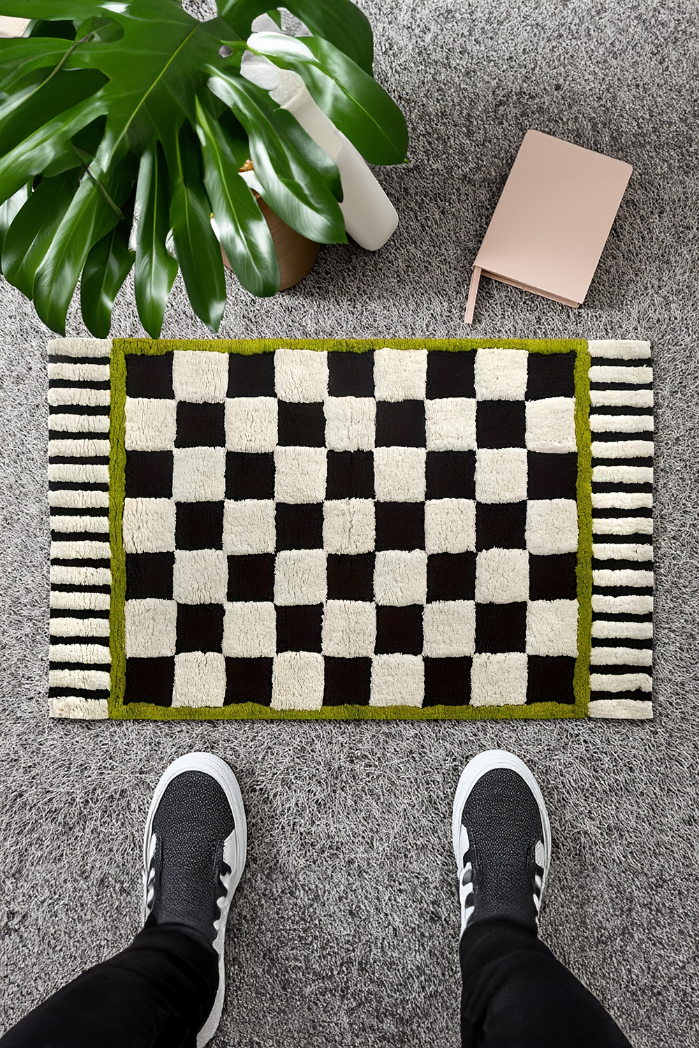 Spinach Green Square Trim Plush Checkered Striped Bath Rug - loveforevers