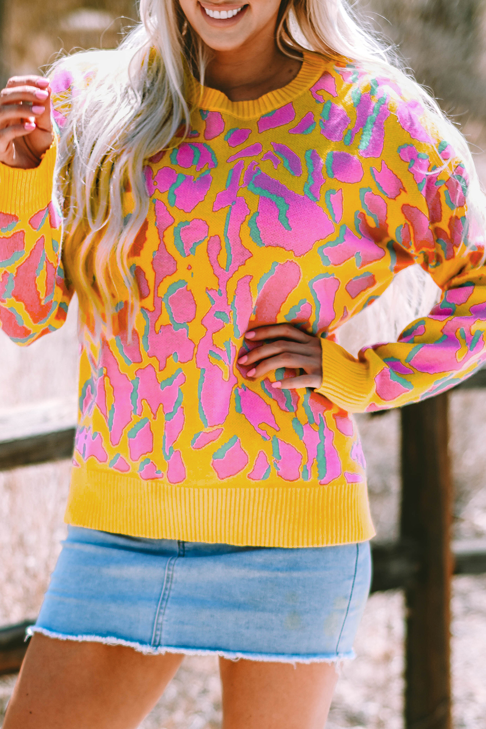 Green Abstract Print Ribbed Trim Baggy Sweater - loveforevers