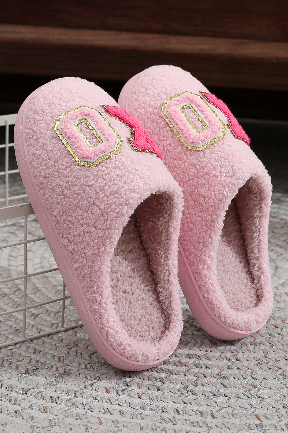 White XO XO Glitter Trim Letter Patched Plush House Slippers - loveforevers