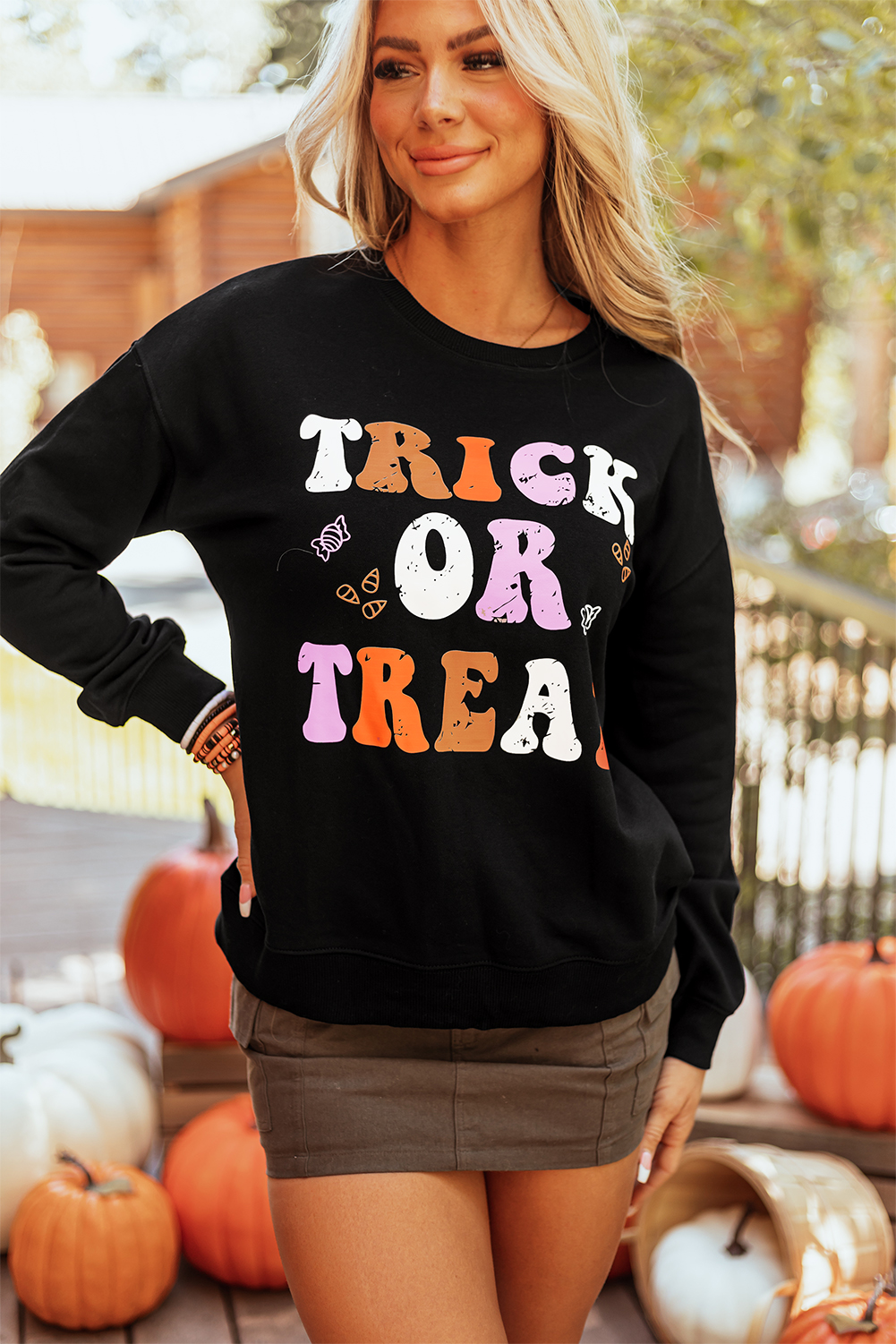 Black TRICK OR TREAT Graphic Crewneck Halloween Sweatshirt - loveforevers