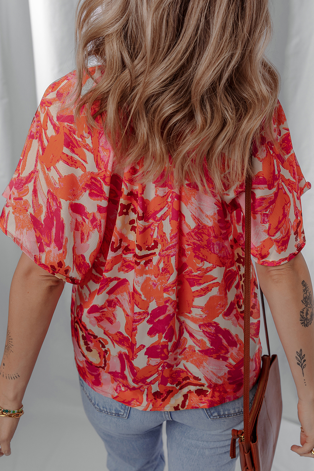 Rose Abstract Print Striped Trim Split Neck Blouse - loveforevers