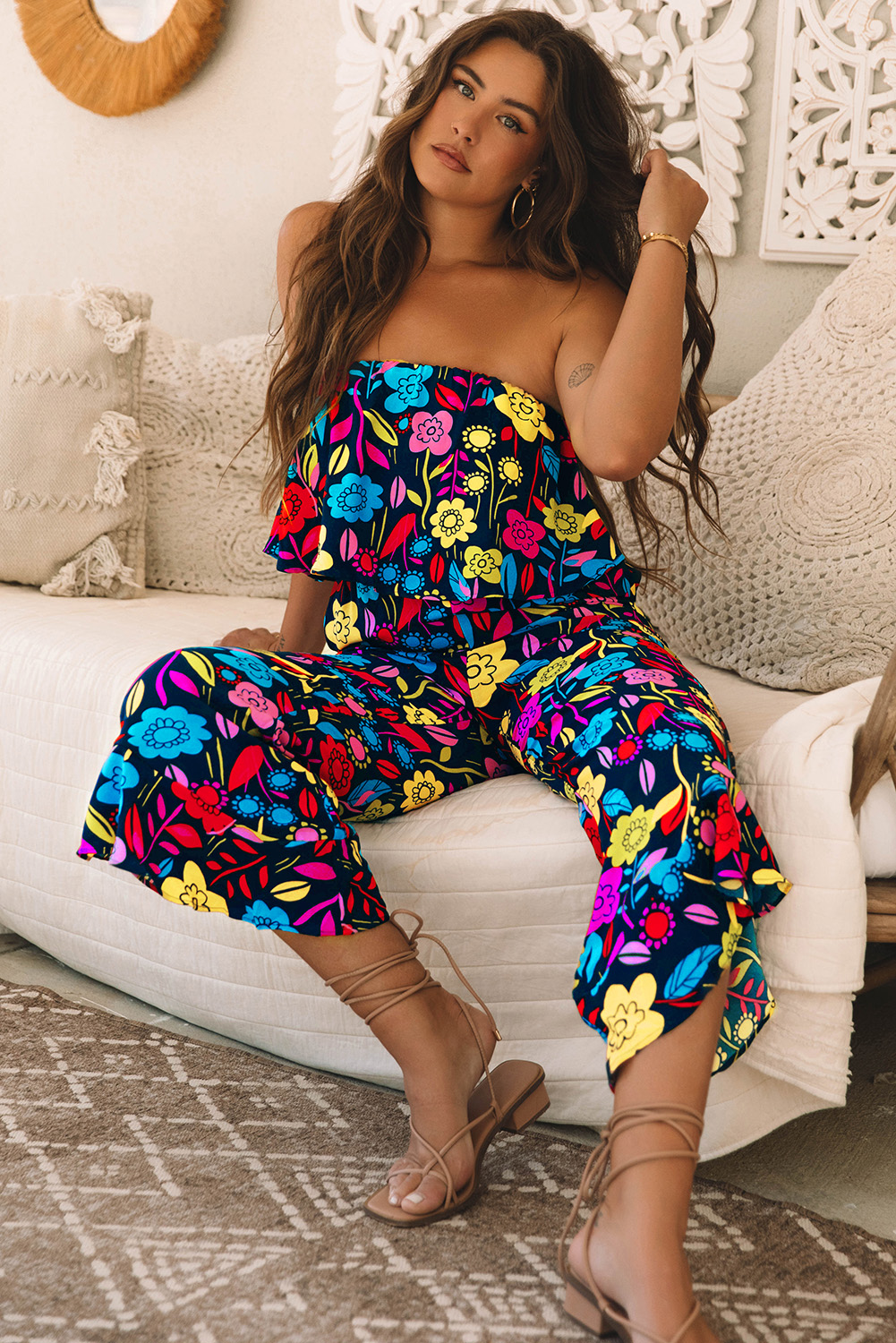 Red Mix Tropical Print Strapless Ruffled Jumpsuit - loveforevers