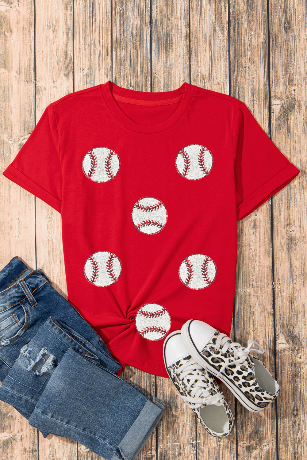 Red Glittering Rugby Pattern Crew Neck Game Day T Shirt - loveforevers