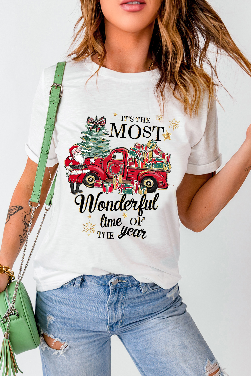 White Christmas Pattern Slogan Print Crew Neck T Shirt - loveforevers