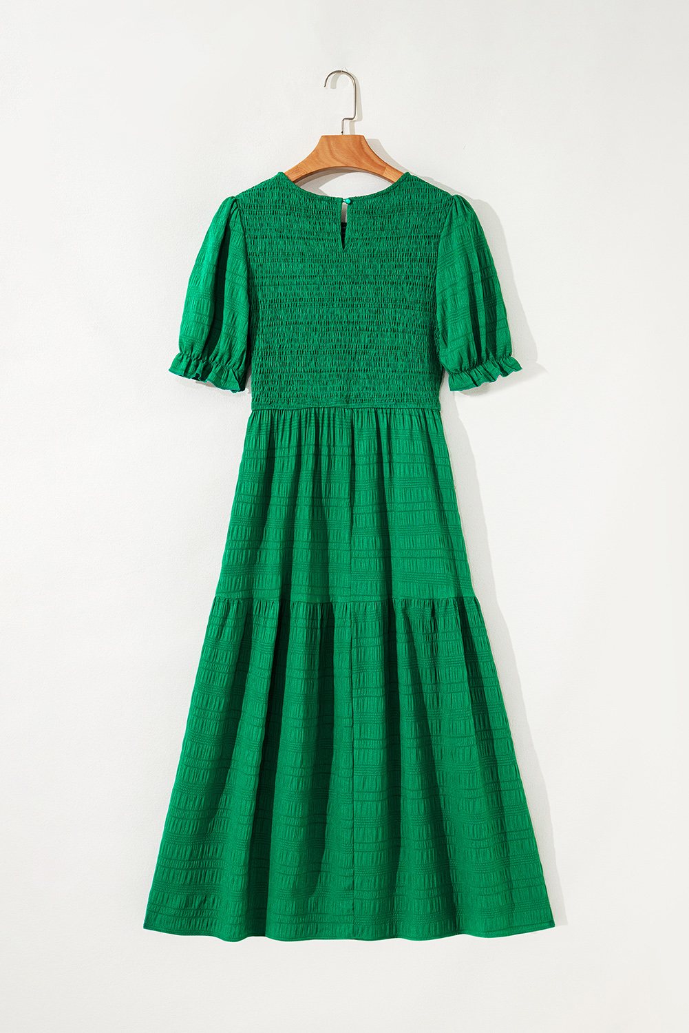 Dark Green Textured Ruffled Sleeve Round Neck Top - loveforevers