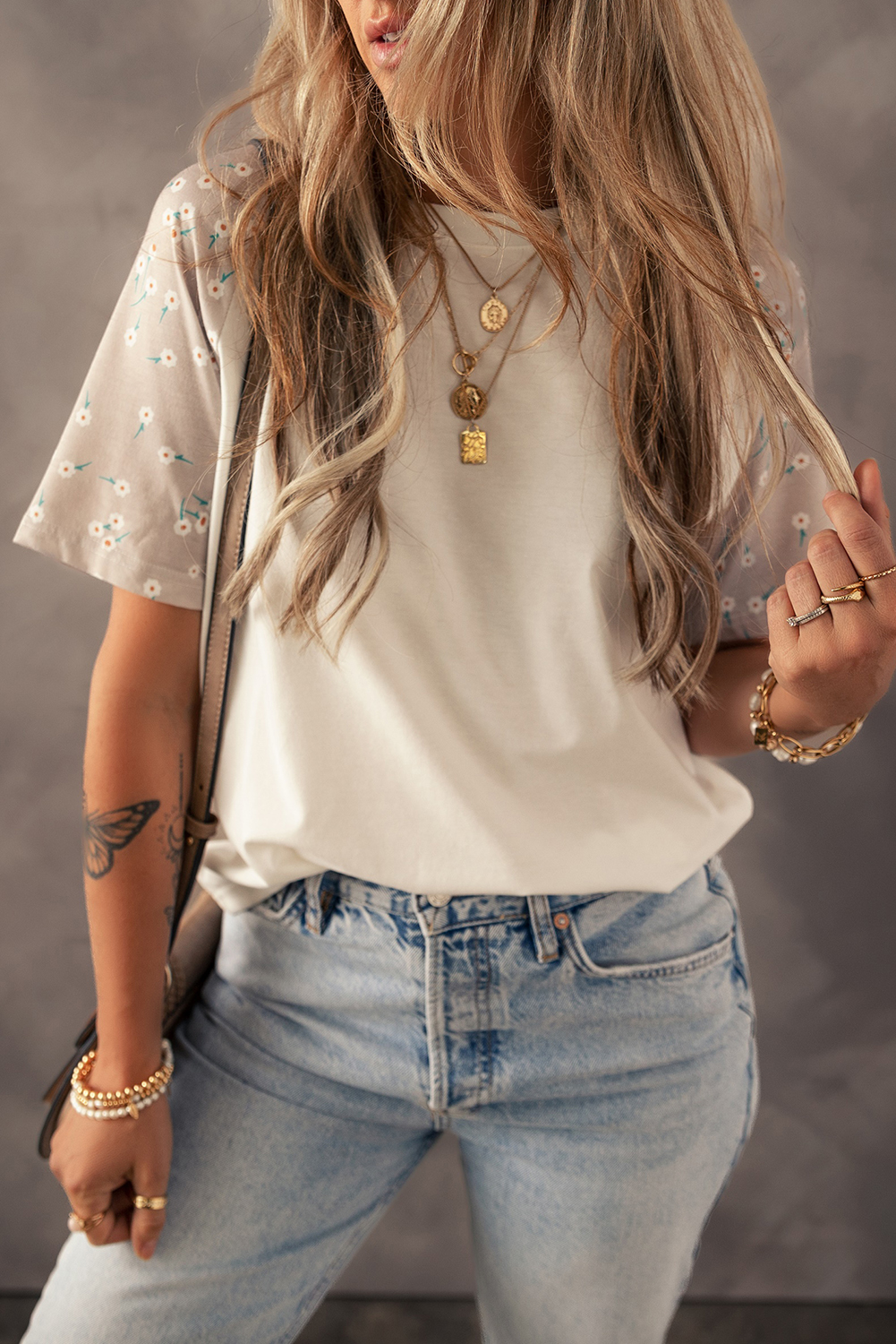 Beige Floral Print Color Block Raglan Sleeve T Shirt - loveforevers