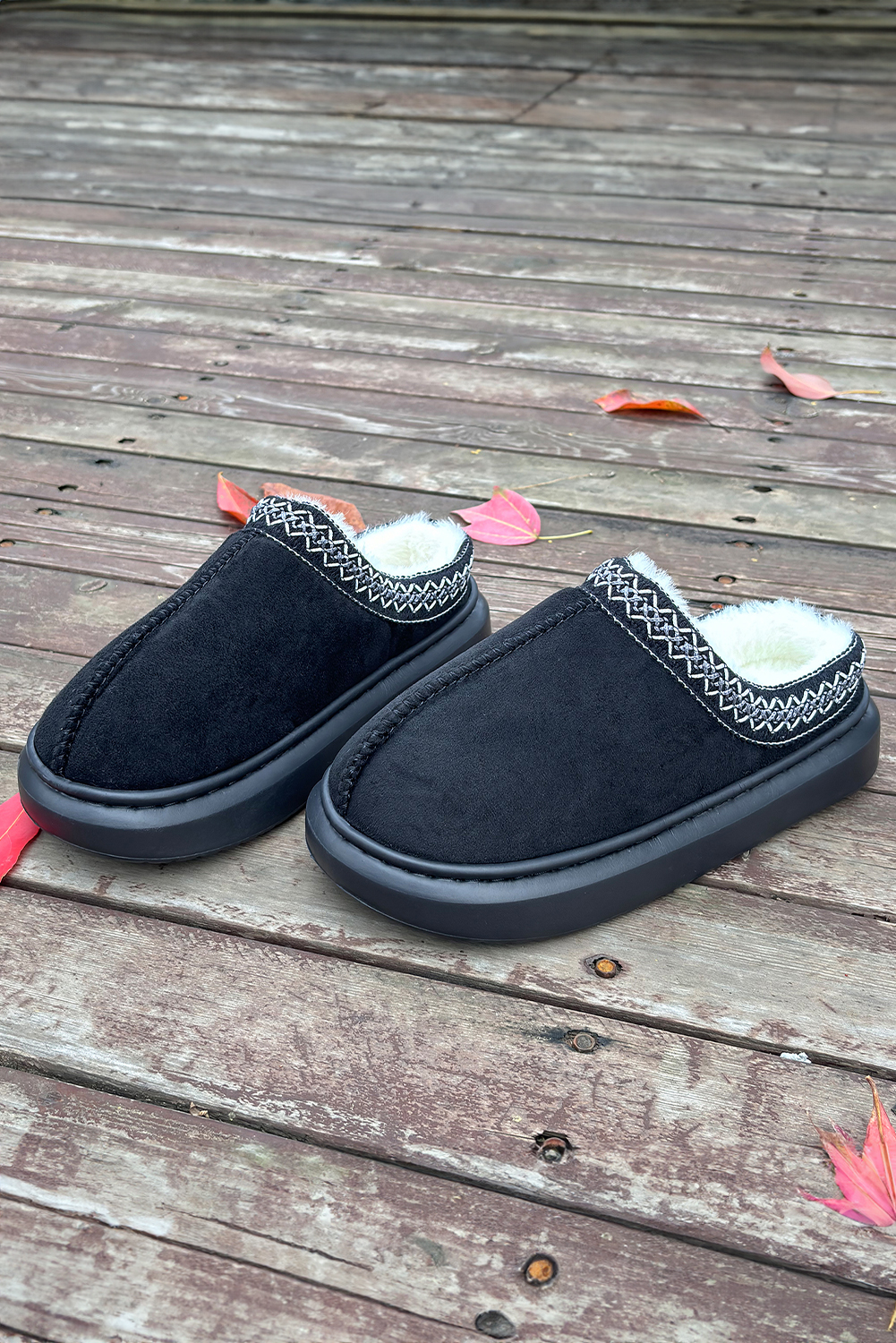 Black Contrast Edge Suede Plush Lined Thick Sole Winter Slippers - loveforevers