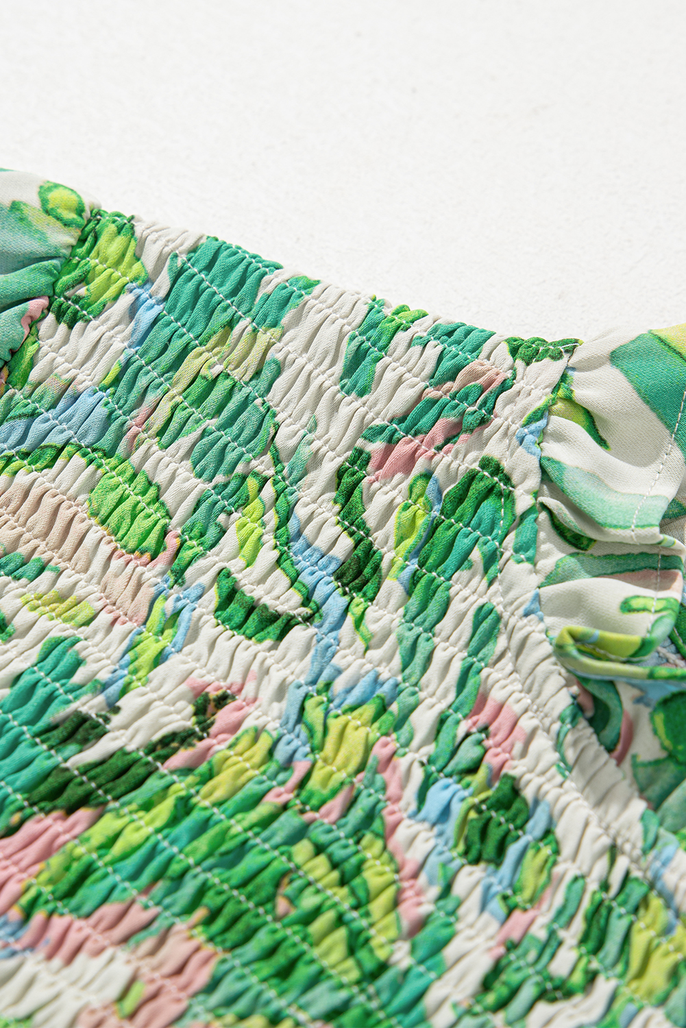 Green Leafy Printed Flounce Sleeve Shirred Mock Neck Blouse - loveforevers