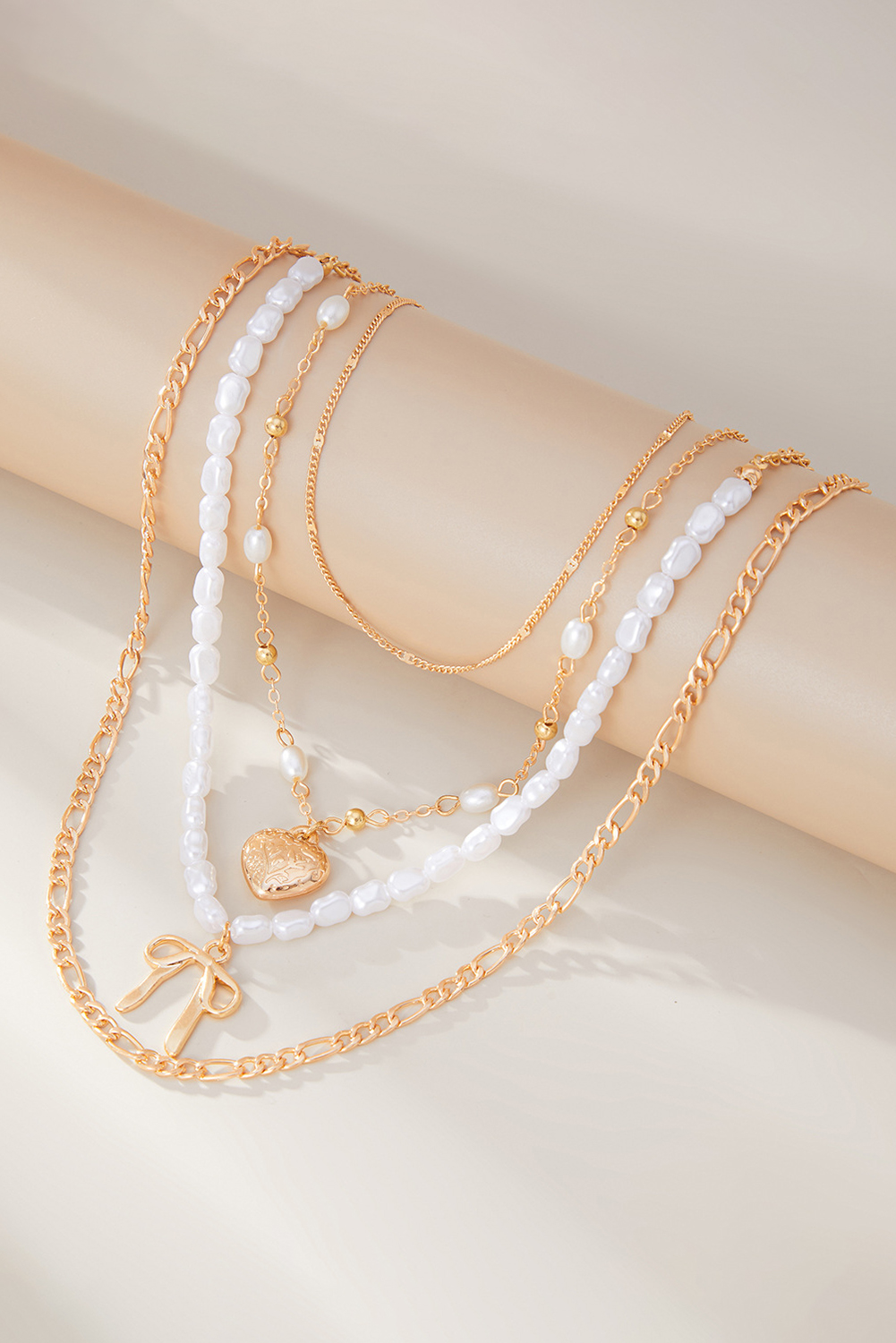 Gold Bow Heart Pendant Pearl Chaining Plated Necklace - loveforevers