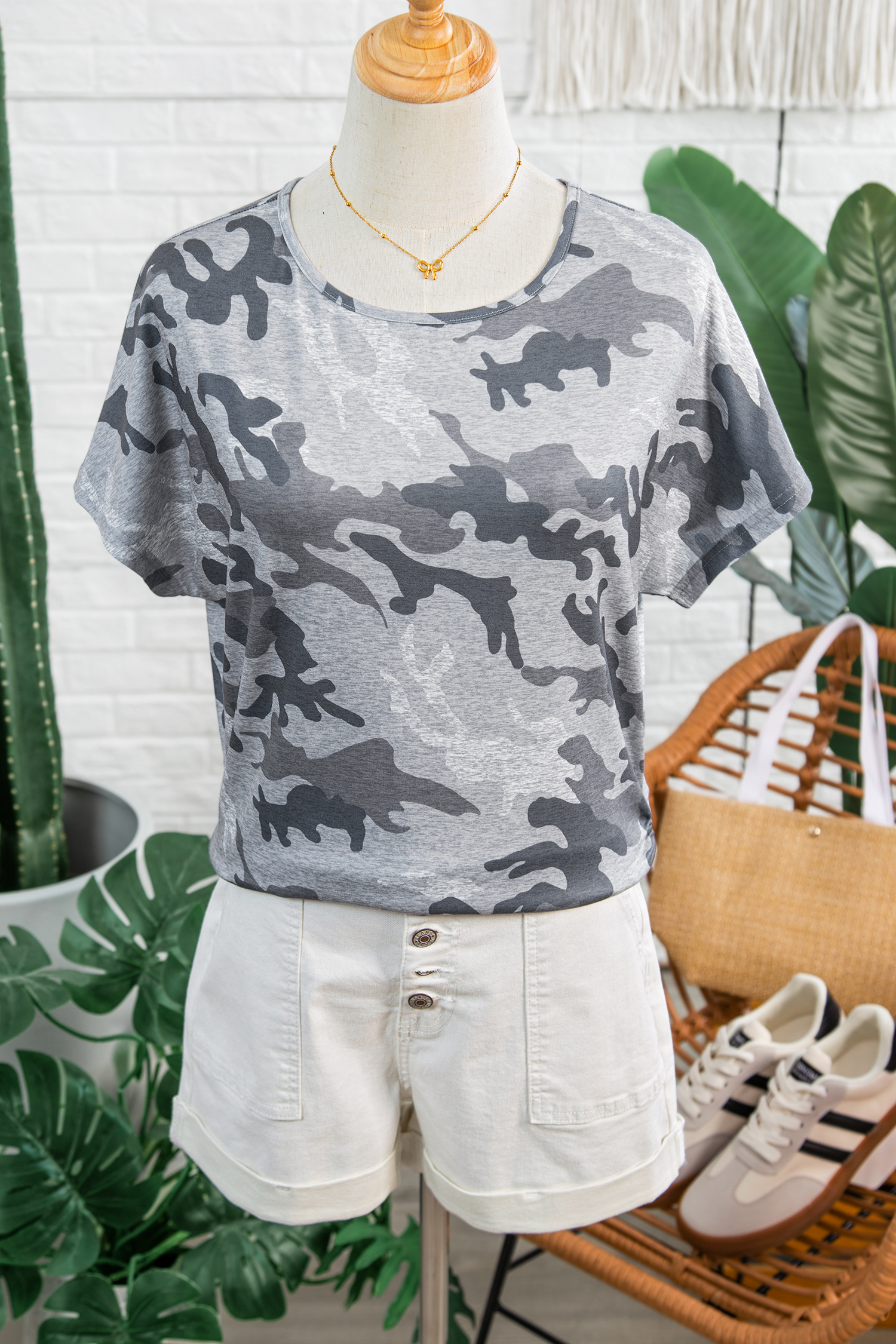 Gray Camouflage Print Round Neck T Shirt - loveforevers