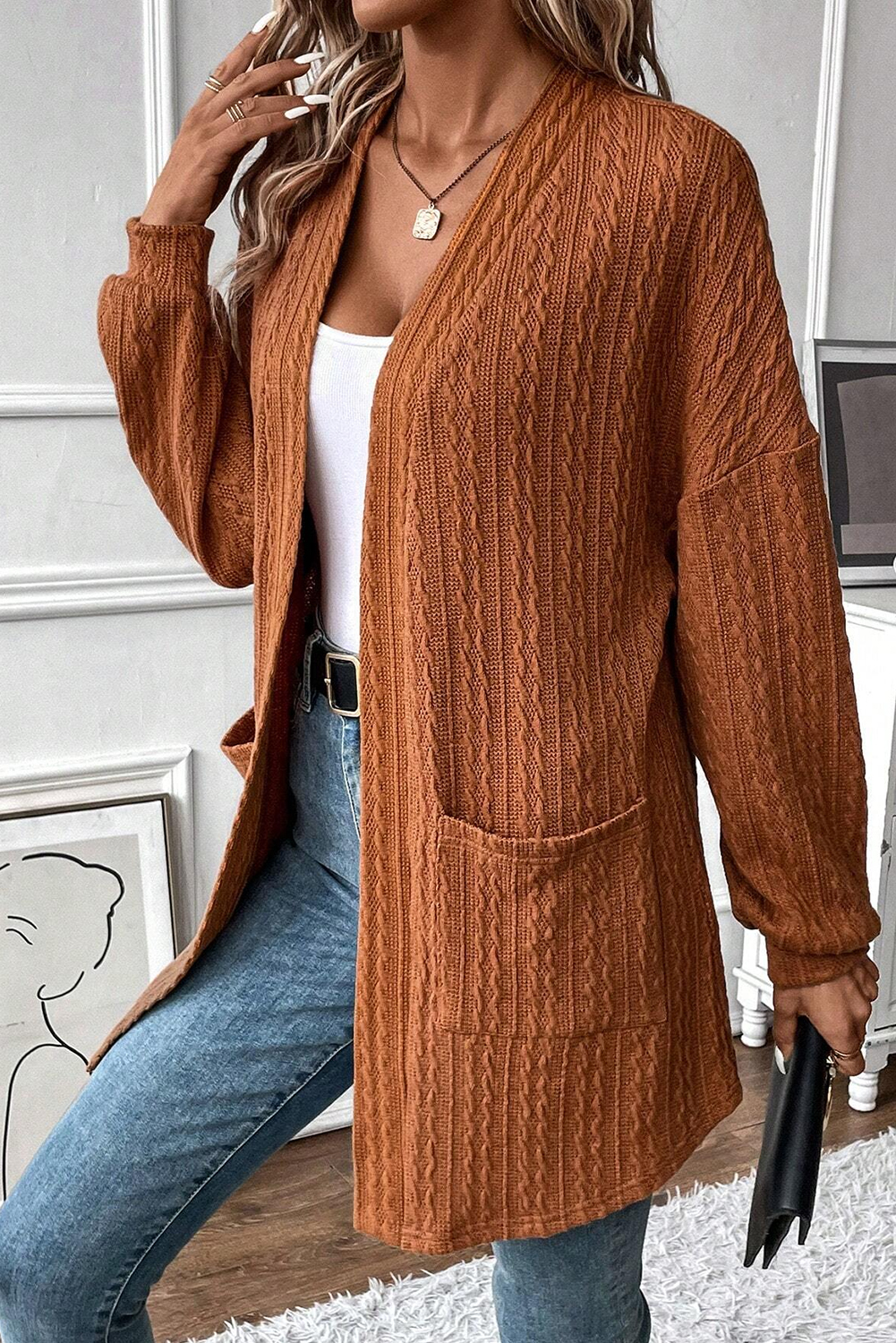 Chestnut Textured Knit Side Pockets Open Front Cardigan - loveforevers