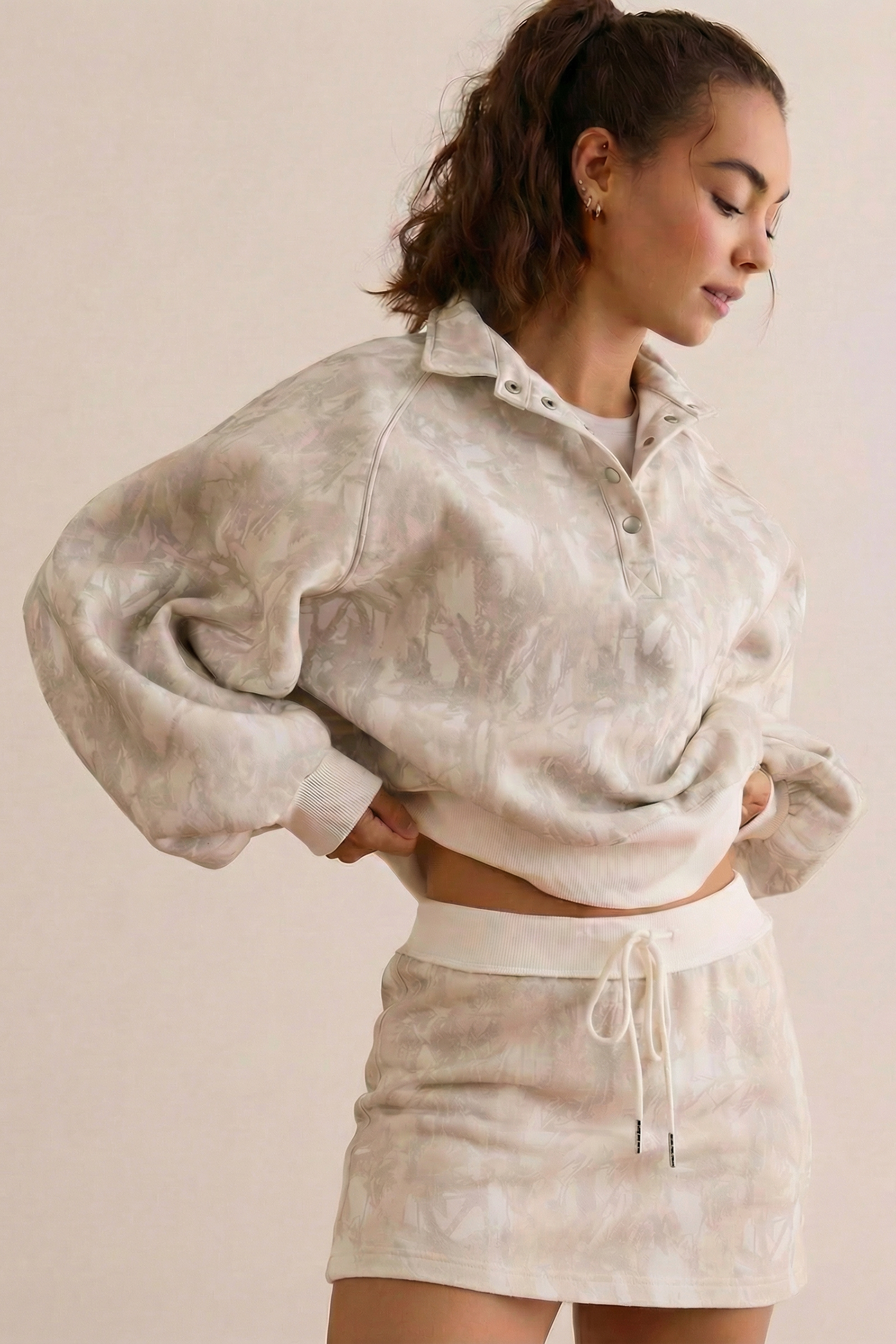 White Abstract Woodland Print Balloon Sleeve Pullover Drawstring Mini Skort Set - loveforevers