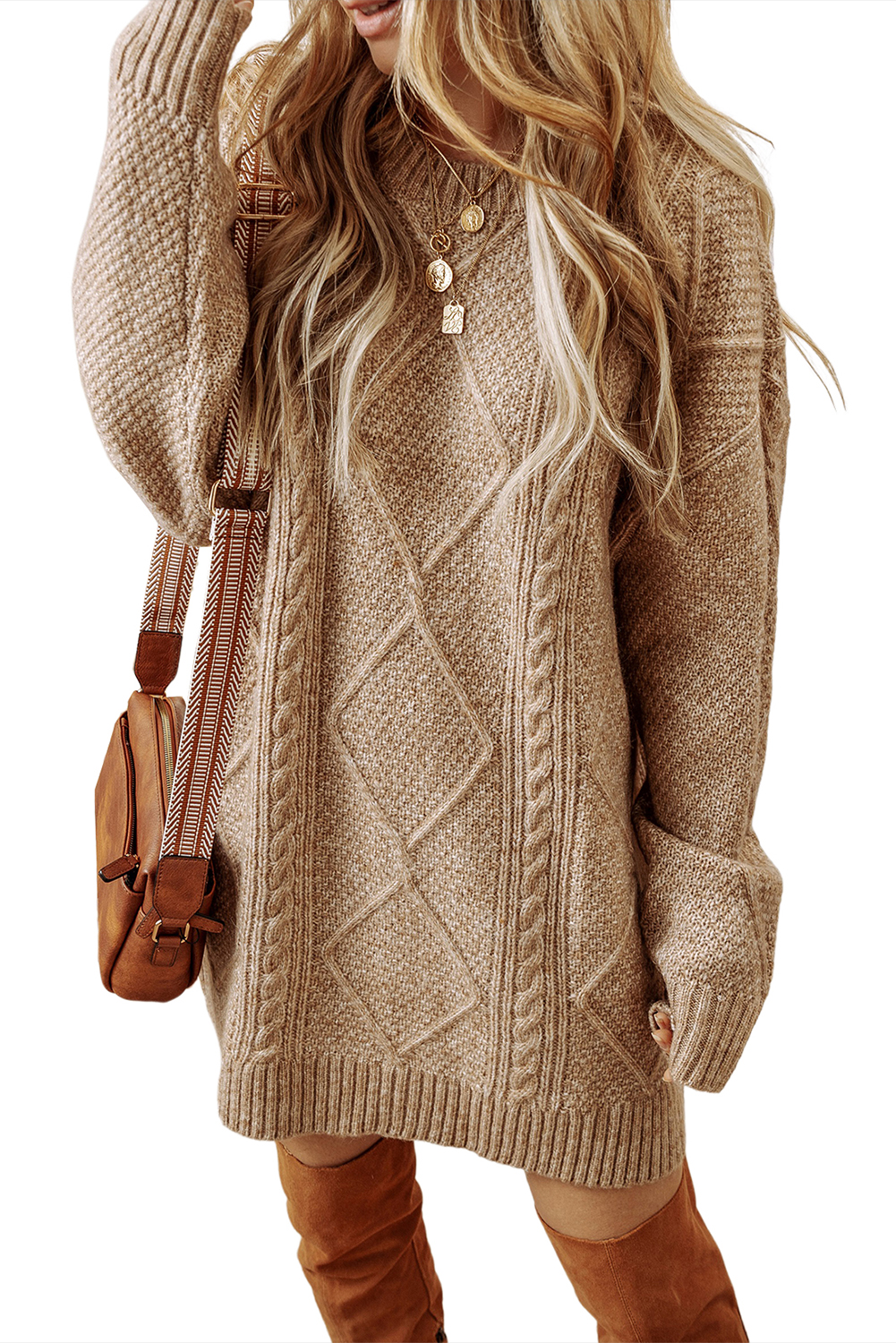 Parchment Cable Knit Drop Shoulder Loose Fit Sweater Dress - loveforevers