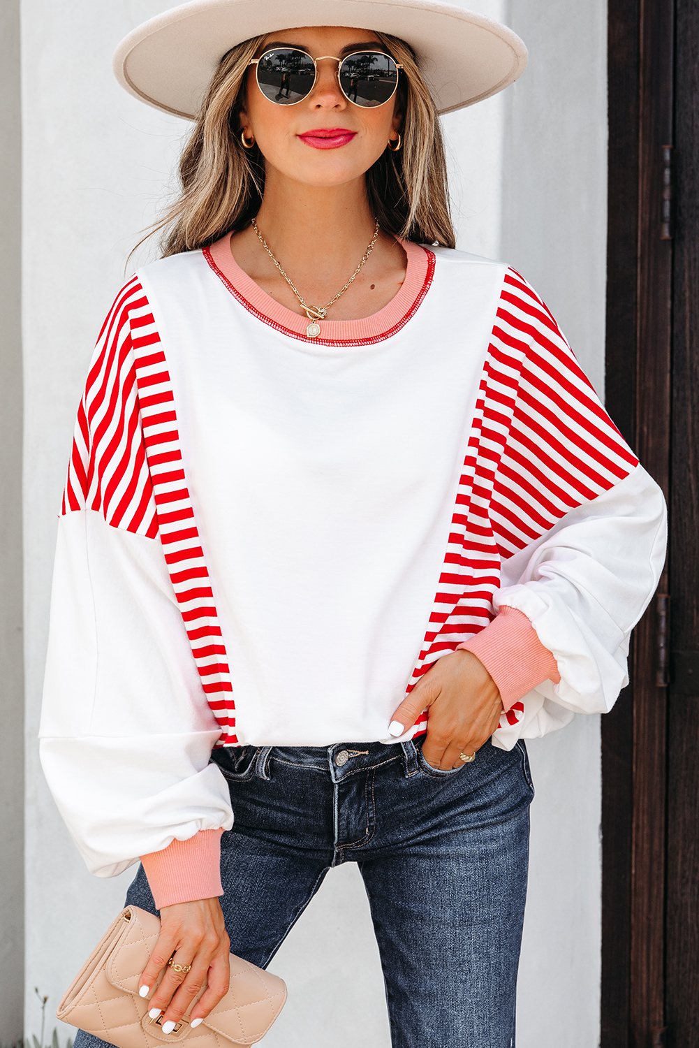 Red Stripe Colorblock Patchwork Contrast Stitching Oversize Sweatshirt - loveforevers
