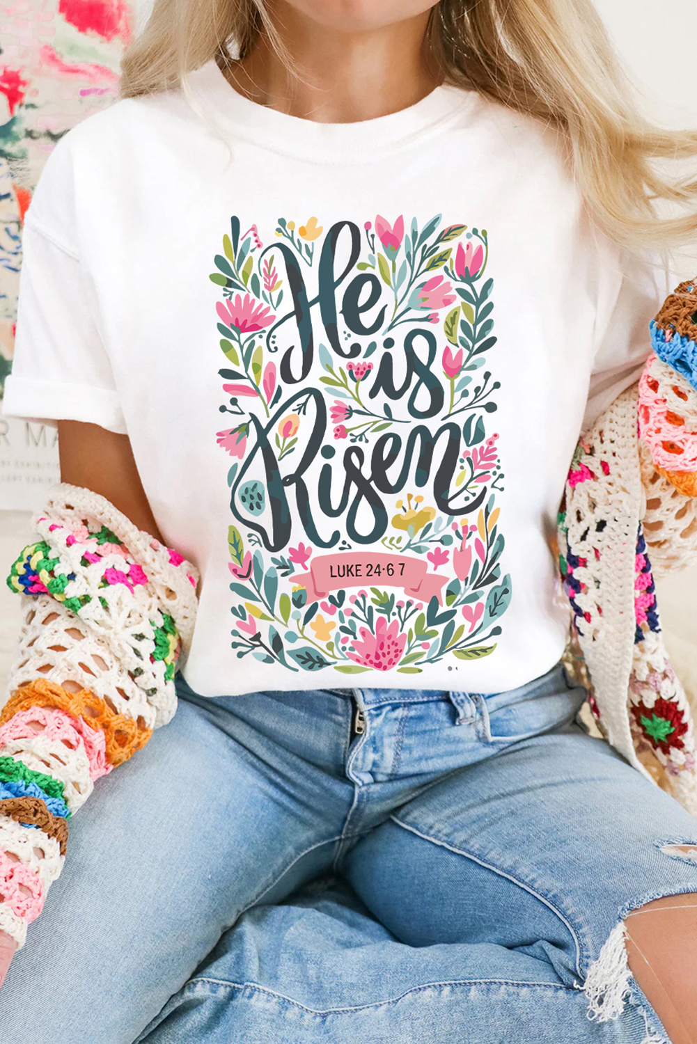 White He is Risen Floral Printed T Shirt - loveforevers