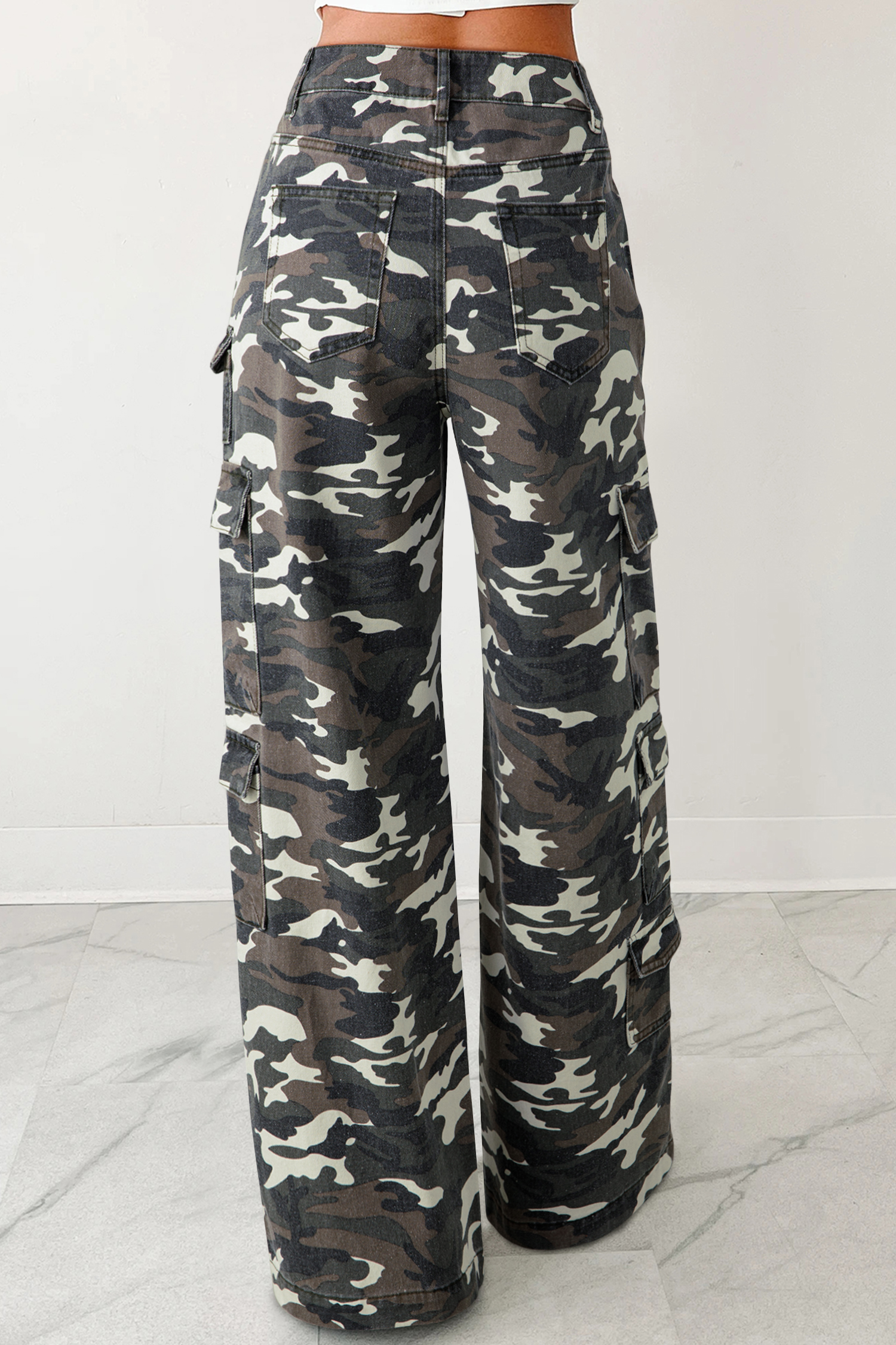 Green Camo Denim Cargo Wide Leg Pants - loveforevers
