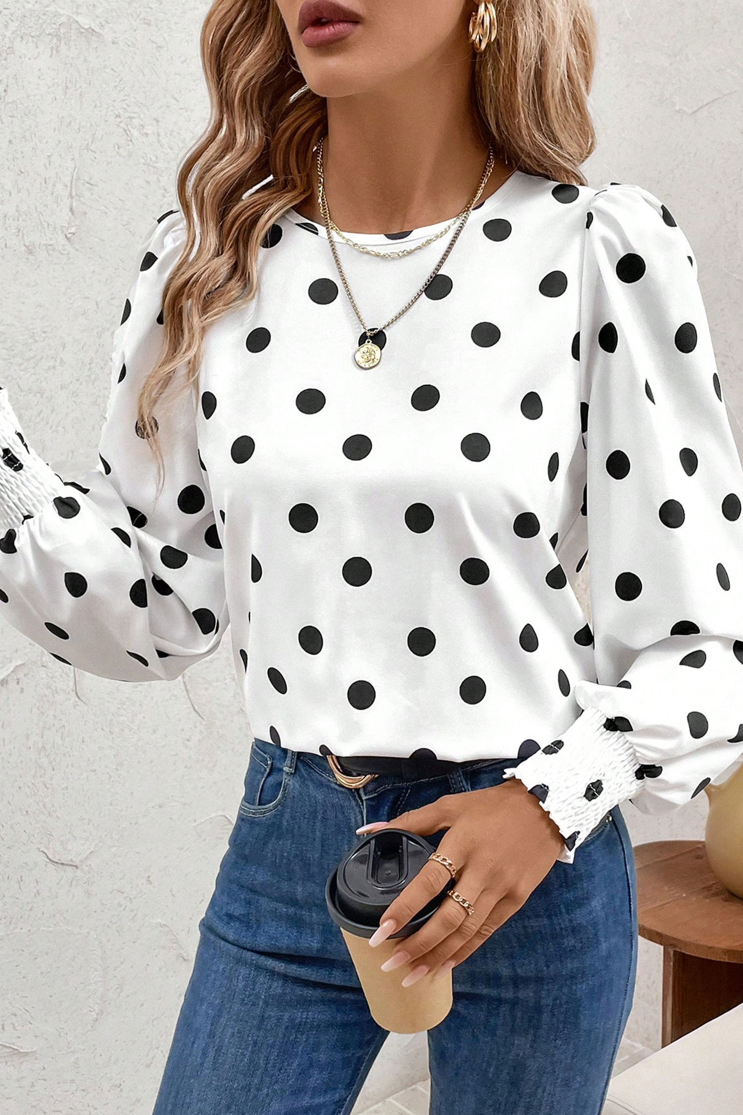 White Polka Dot Print Round Neck Frilled Long Sleeve Blouse - loveforevers
